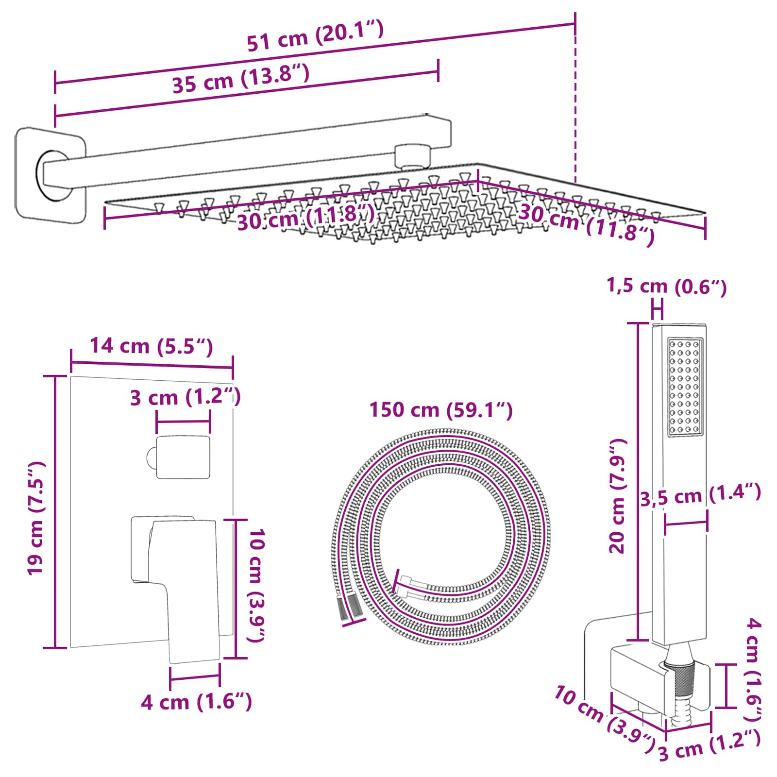 vidaXL Ukryty system prysznicowy (kwadratowy) Czarny