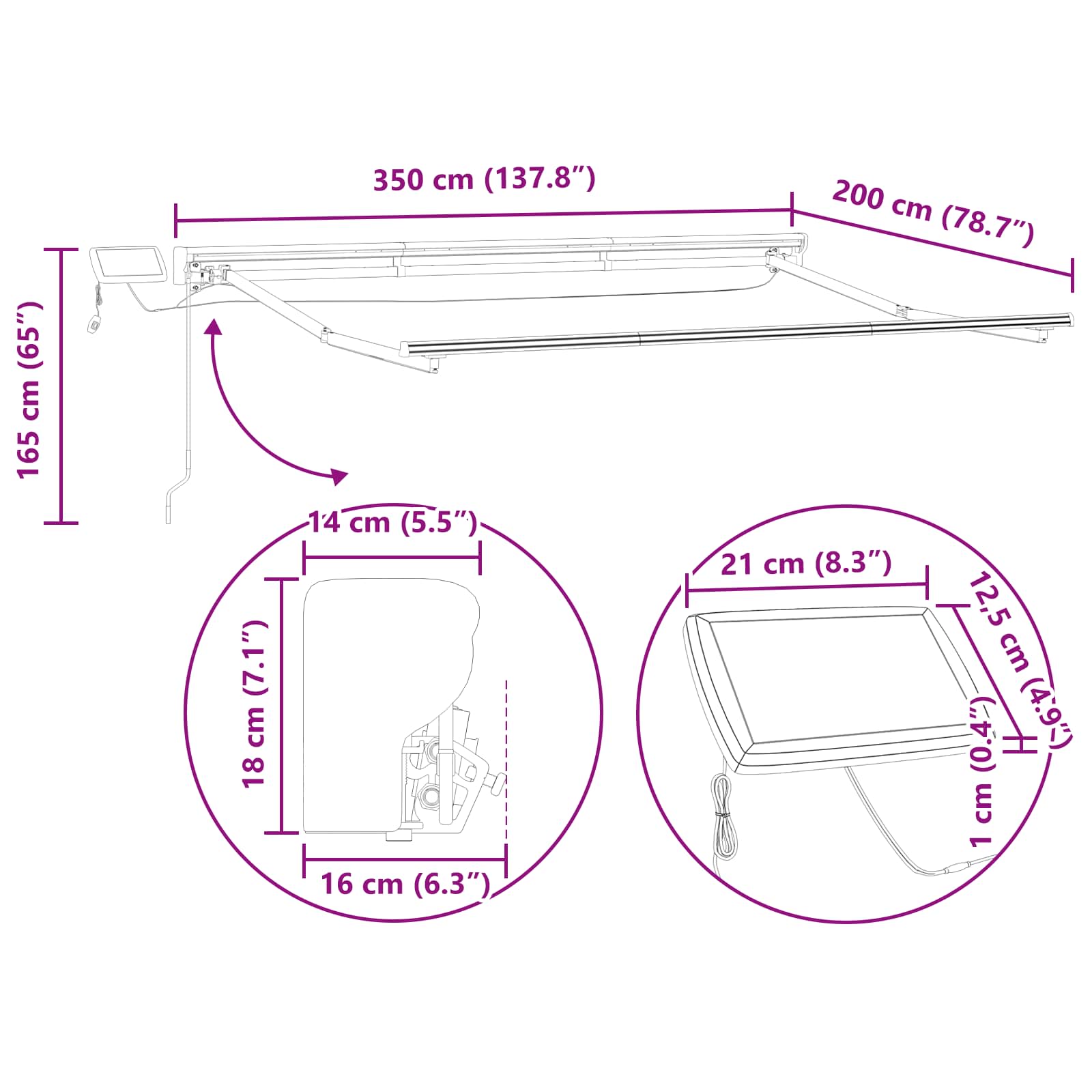 vidaXL Ręczny ramowy zewnętrzny markizowy z LED Antracyt 3,5 x 2 m