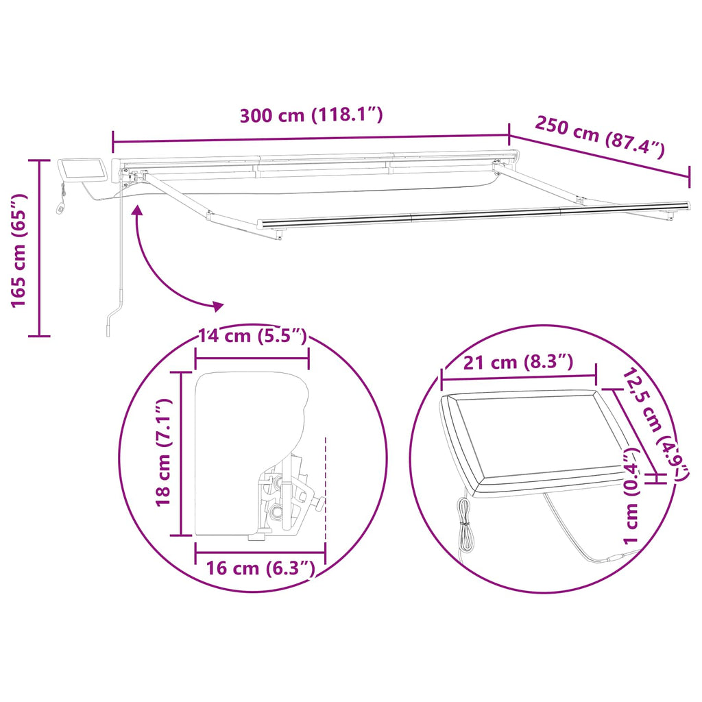 vidaXL Ręczny ramowy zewnętrzny markizowy z LED Antracyt 3 x 2,5 m