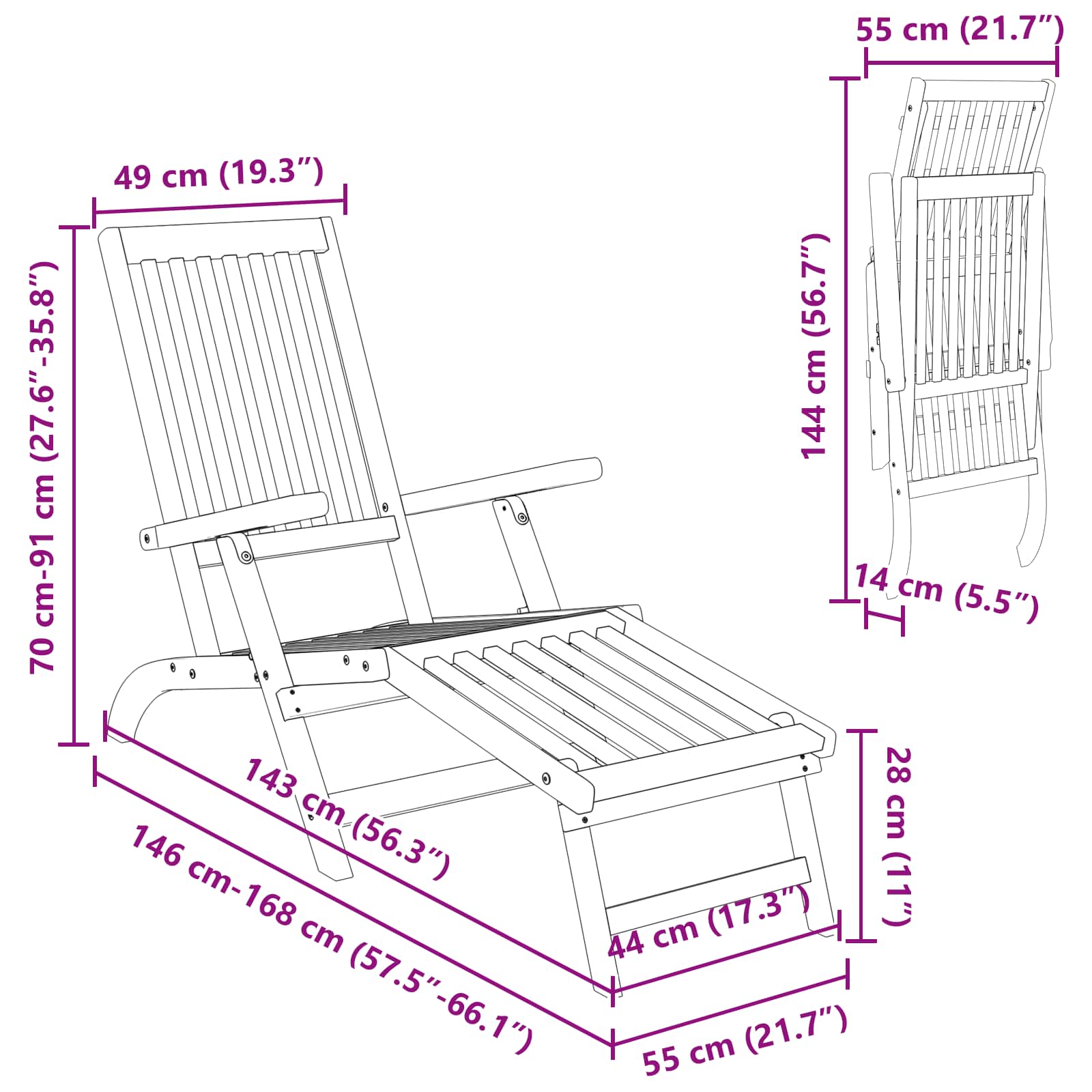 vidaXL Leżak z funkcją pochylania i składania 2 pcs 55 x 146 x 91 cm