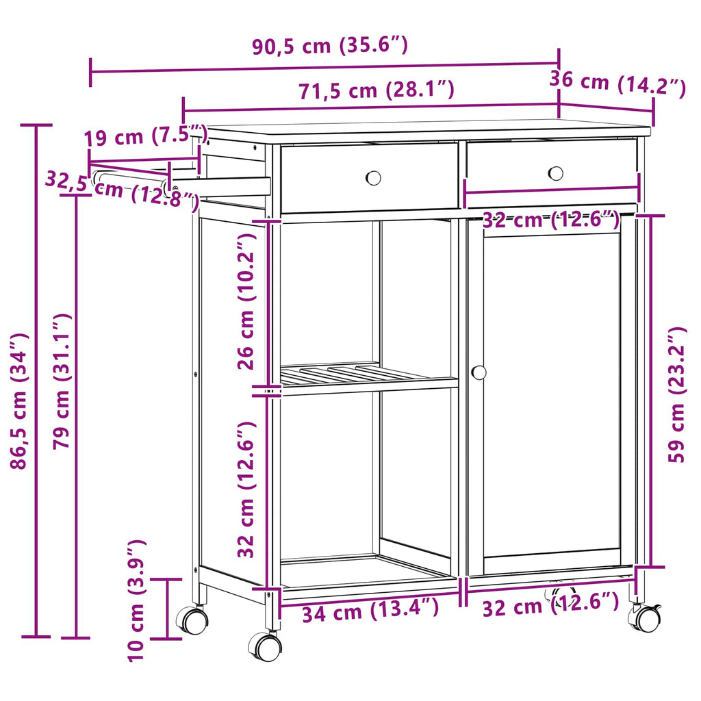 vidaXL Wózek kuchenny z kółkami Naturalny 90,5 x 36 x 86,5 cm Bambus