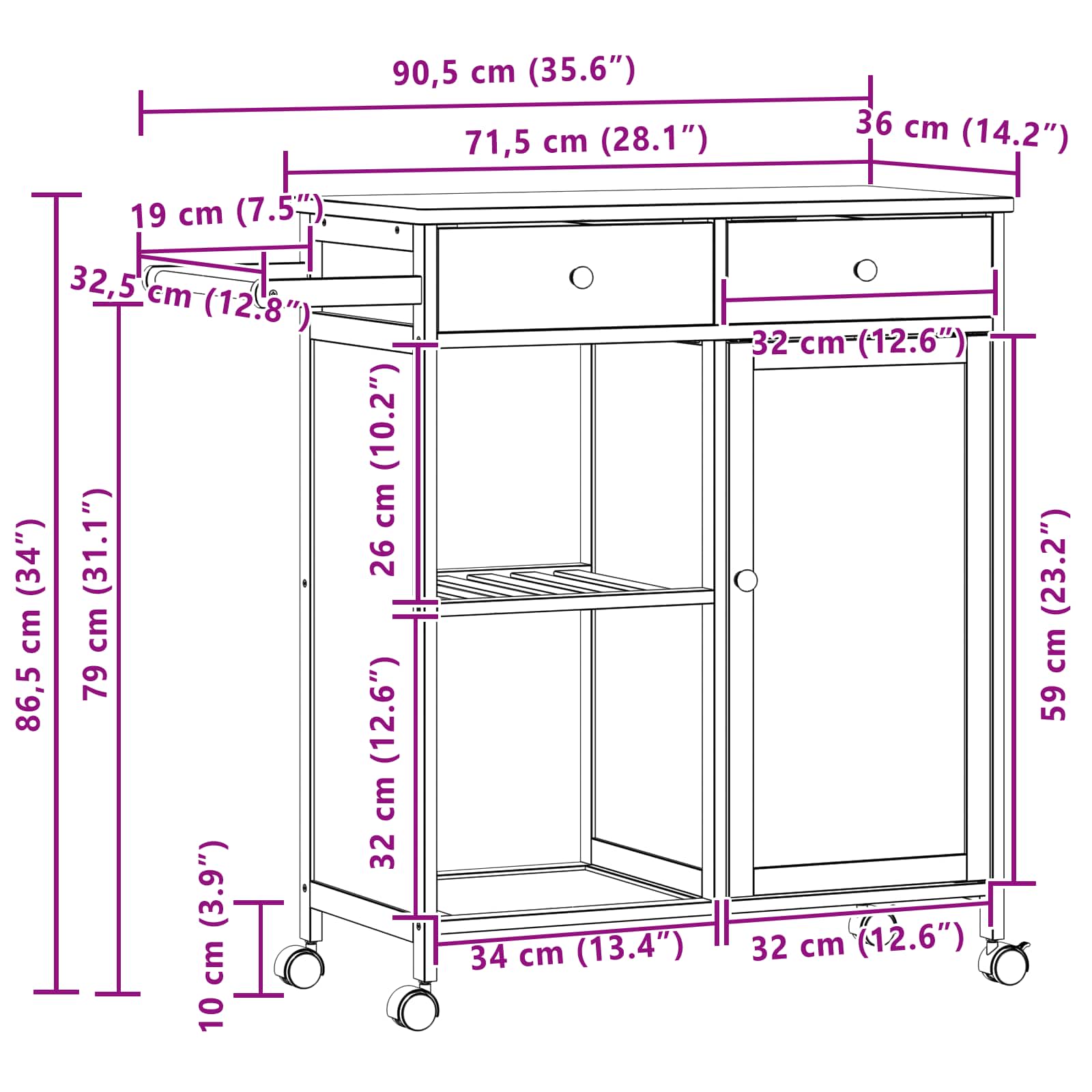 vidaXL Wózek kuchenny z kółkami Naturalny 90,5 x 36 x 86,5 cm Bambus