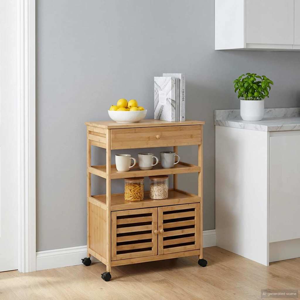 vidaXL Wózek kuchenny z kółkami Naturalny 59,5 x 36 x 82 cm Bambus