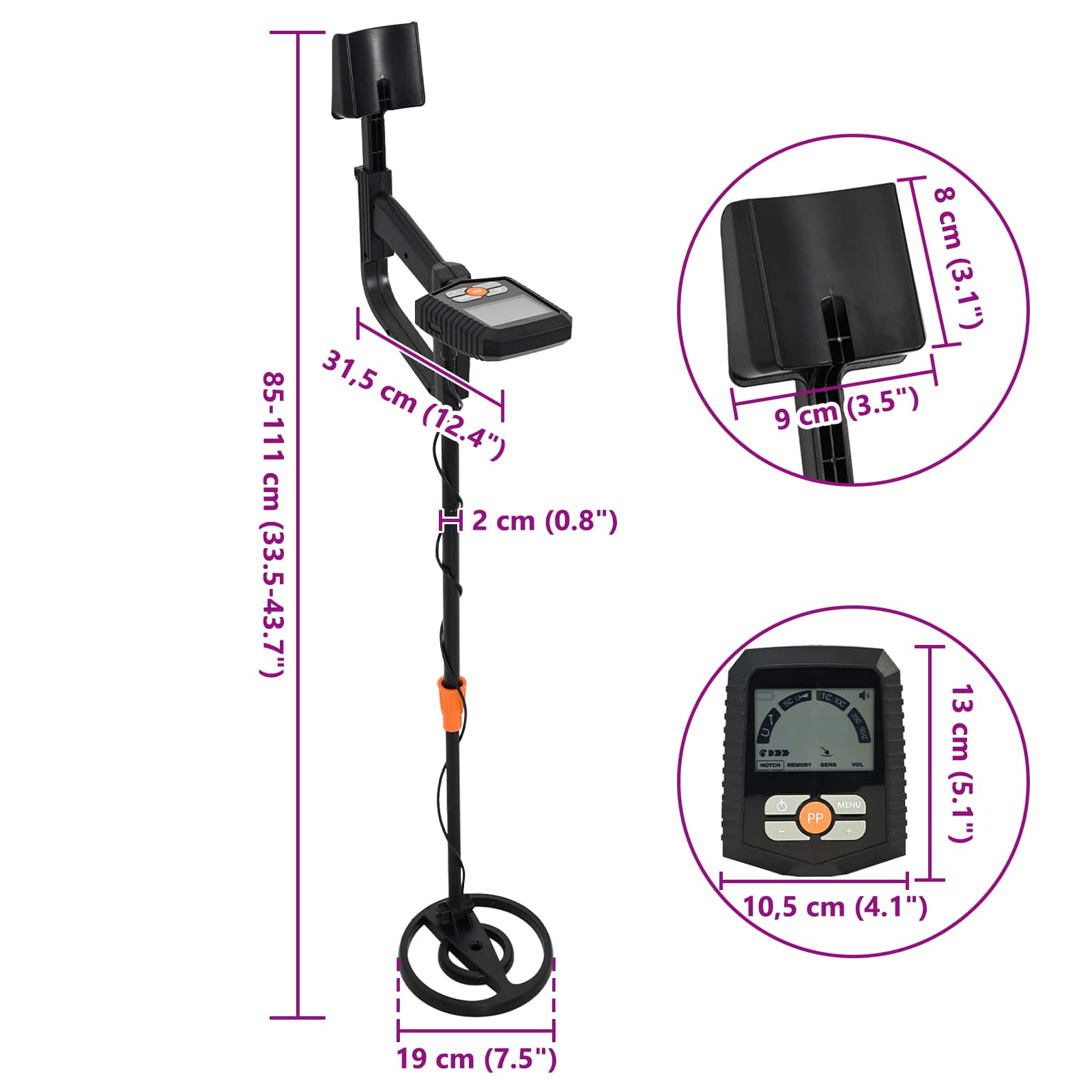 vidaXL Wykrywacz metali z wyświetlaczem LCD 3 modele rdzeń 19 cm