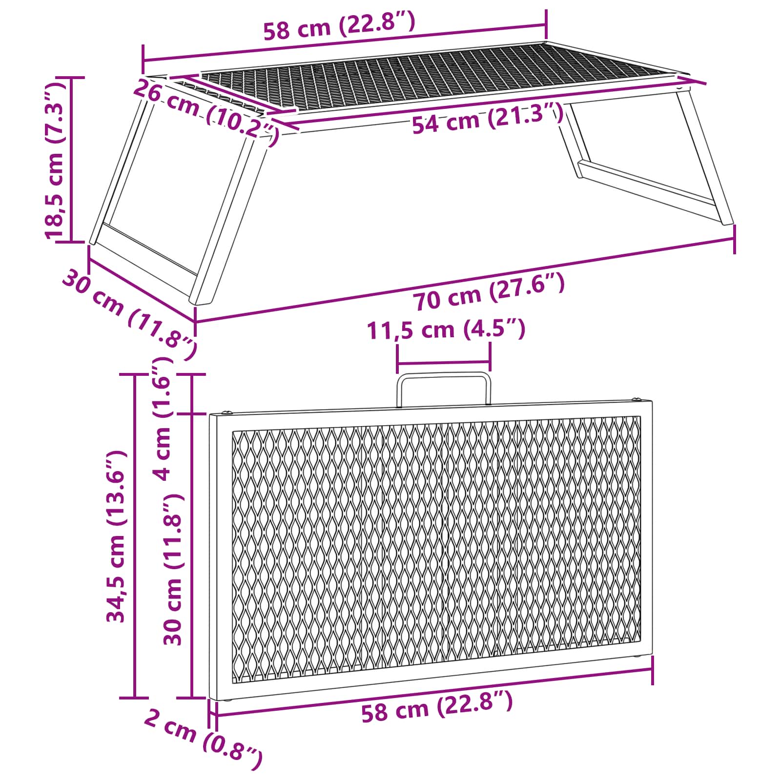vidaXL Składany Grill Campingowy Czarny 58 x 31 x 2 cm Stal stopowa
