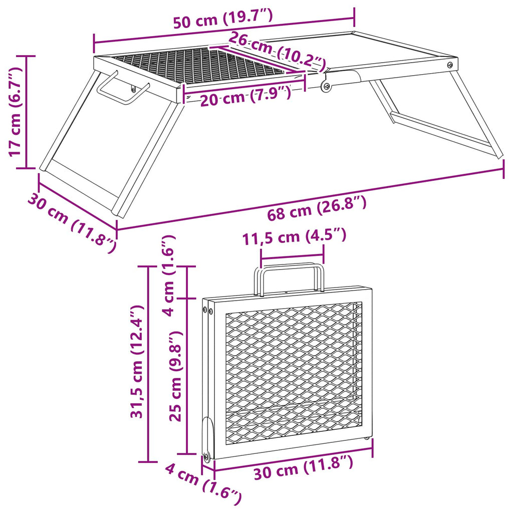 vidaXL Składany Grill Campingowy Czarny 31,5 x 26,5 x 4 cm