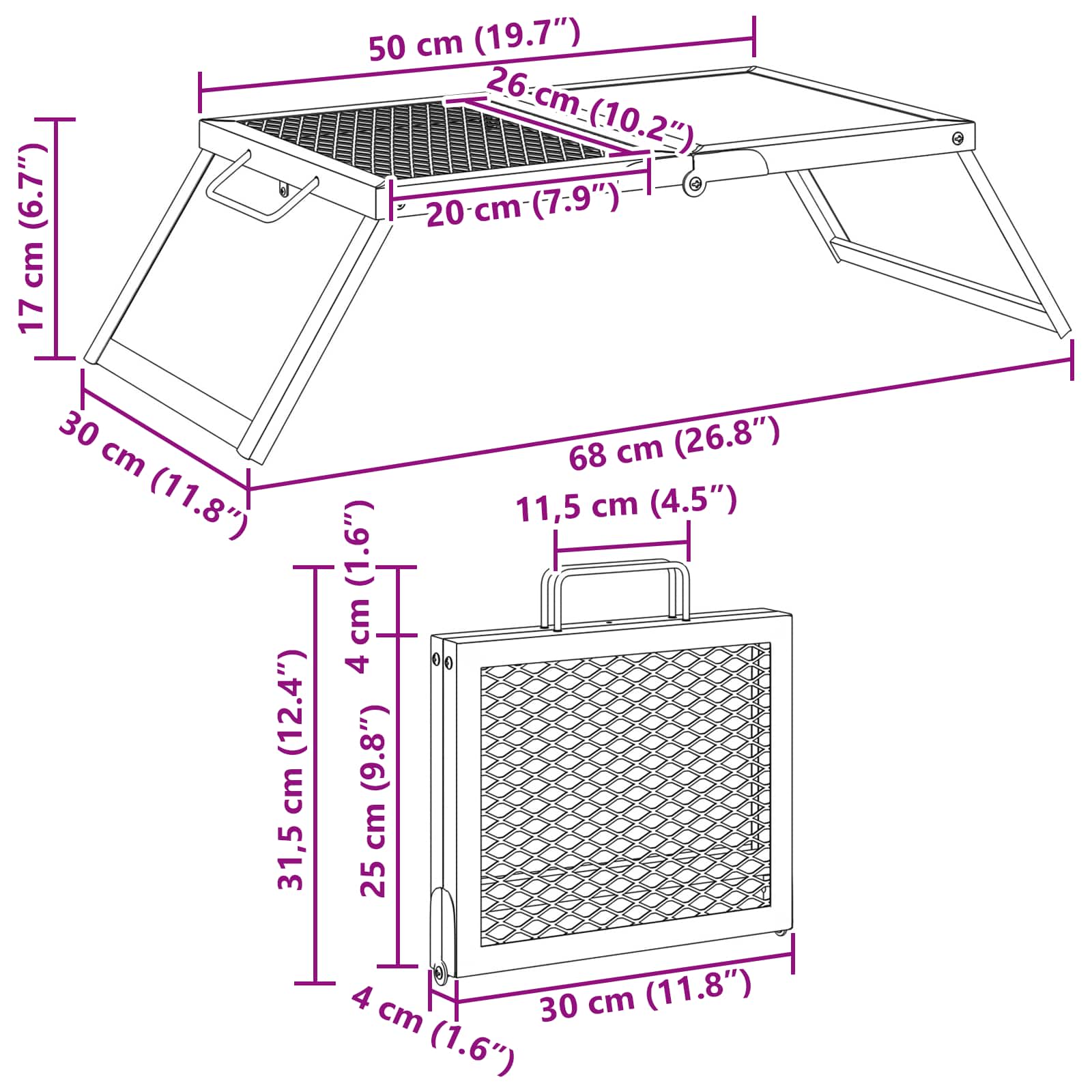 vidaXL Składany Grill Campingowy Czarny 31,5 x 26,5 x 4 cm