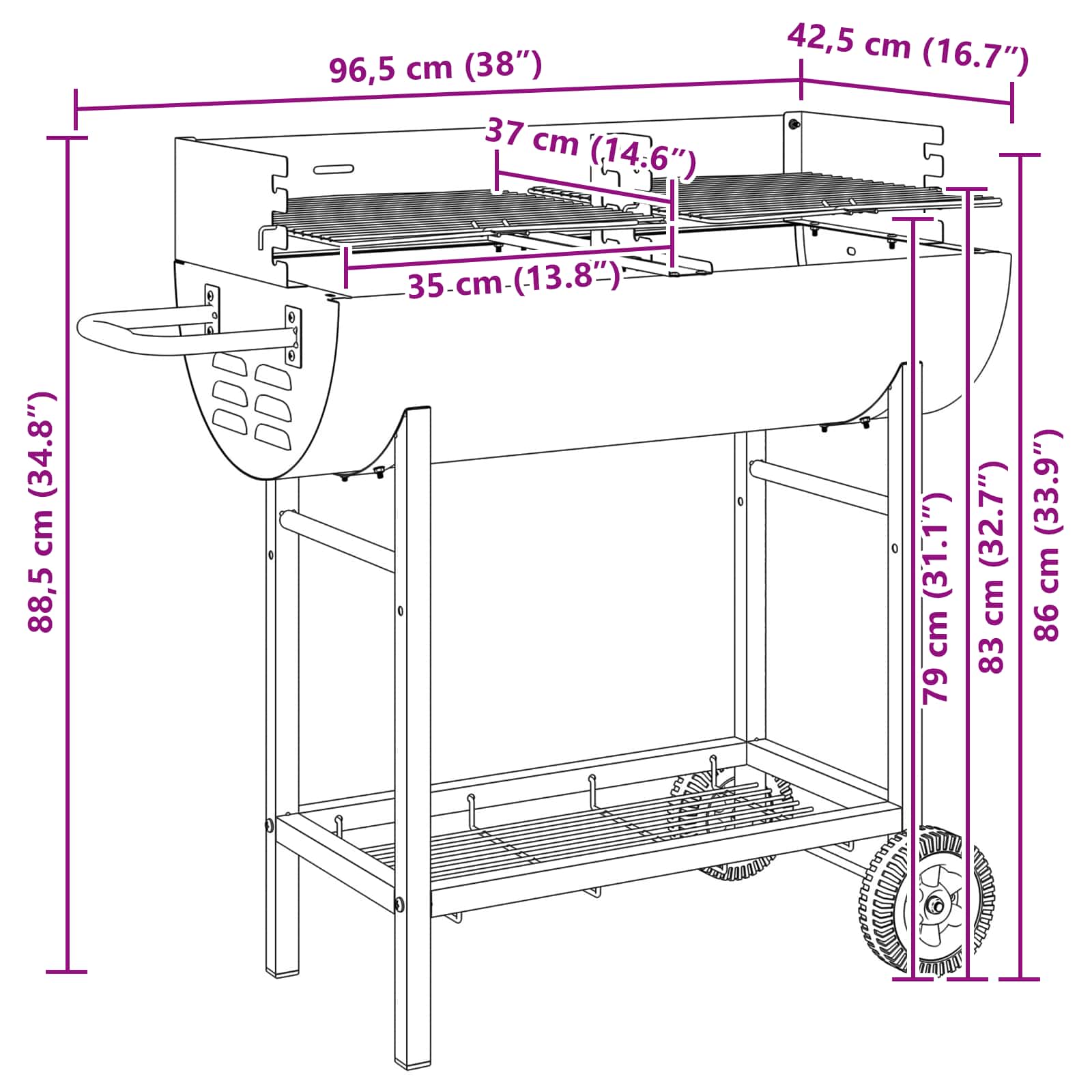 vidaXL Grill węglowy 96,5 x 42,5 x 88,5 cm Czarny