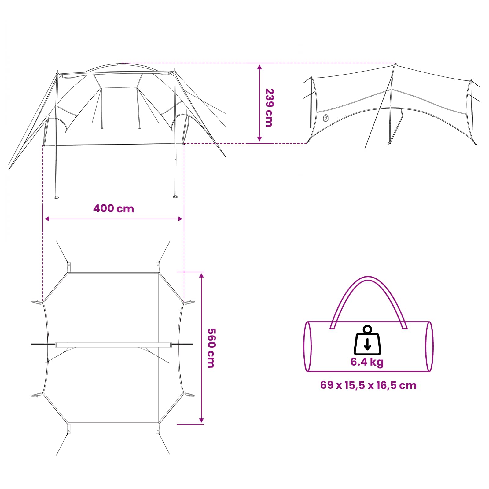 vidaXL Wodoodporny tarp do campingu niebieski 550 x 400 x 230 cm