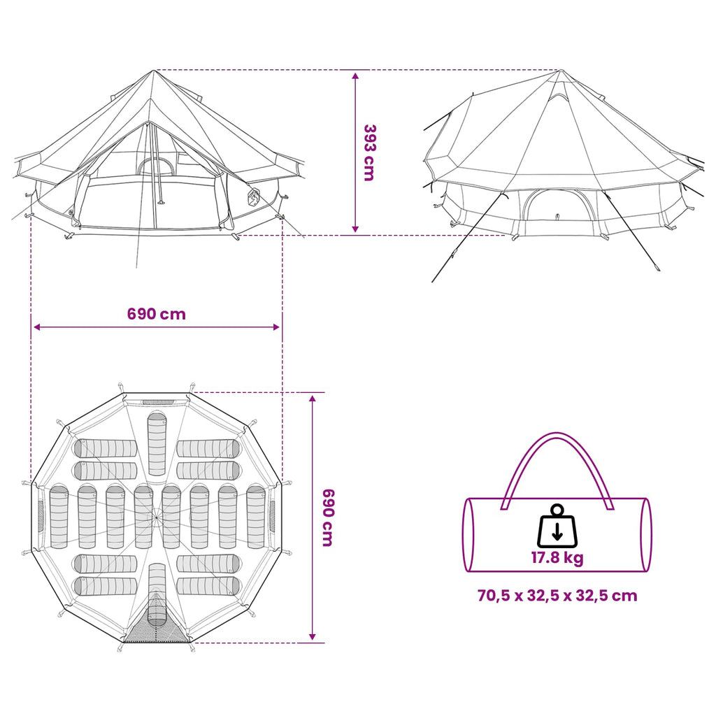 vidaXL Namiot Tipi zielony 700 x 700 x 395 cm Poliester i Stal
