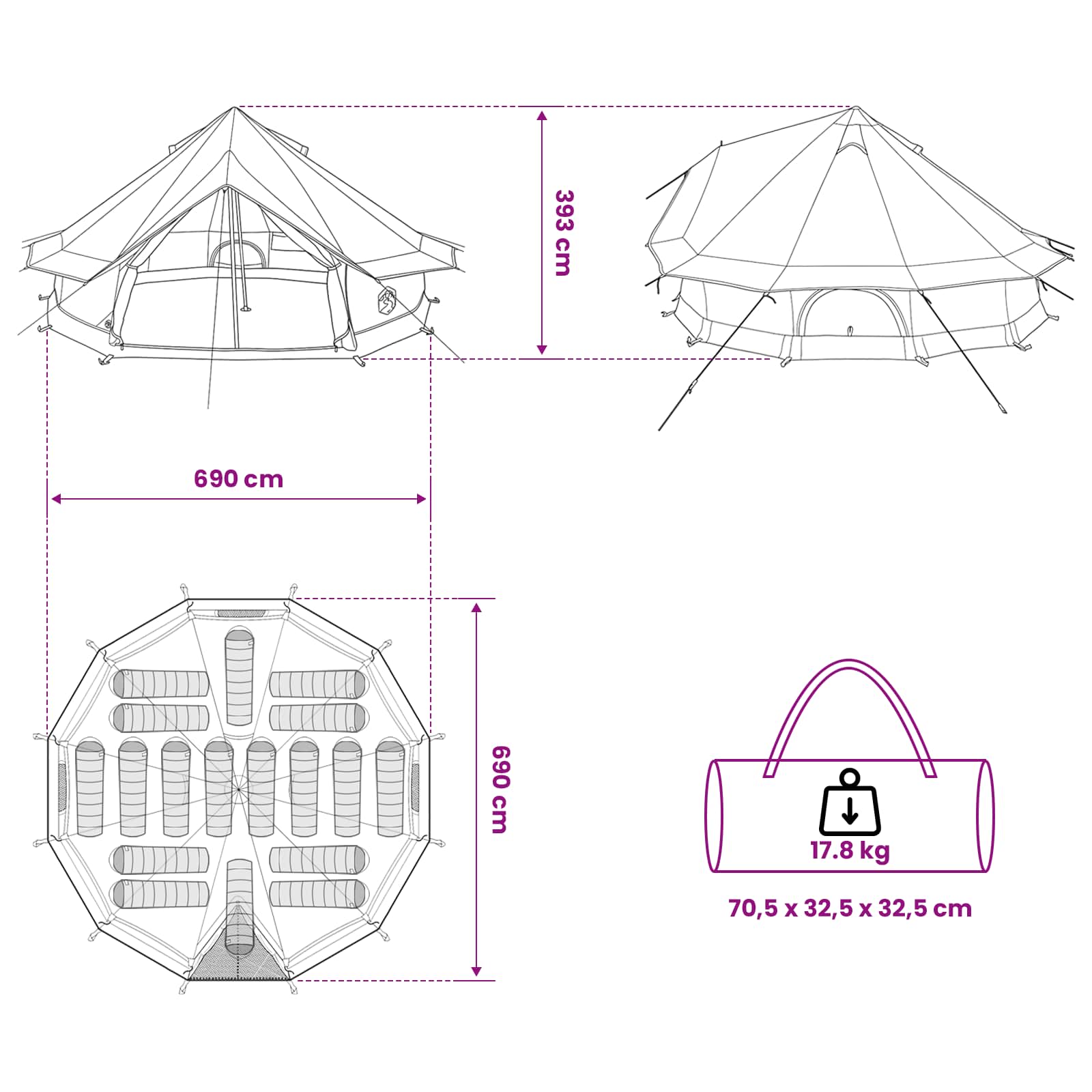 vidaXL Namiot Tipi z dachem Zielony wojskowy 700 x 700 x 395 cm