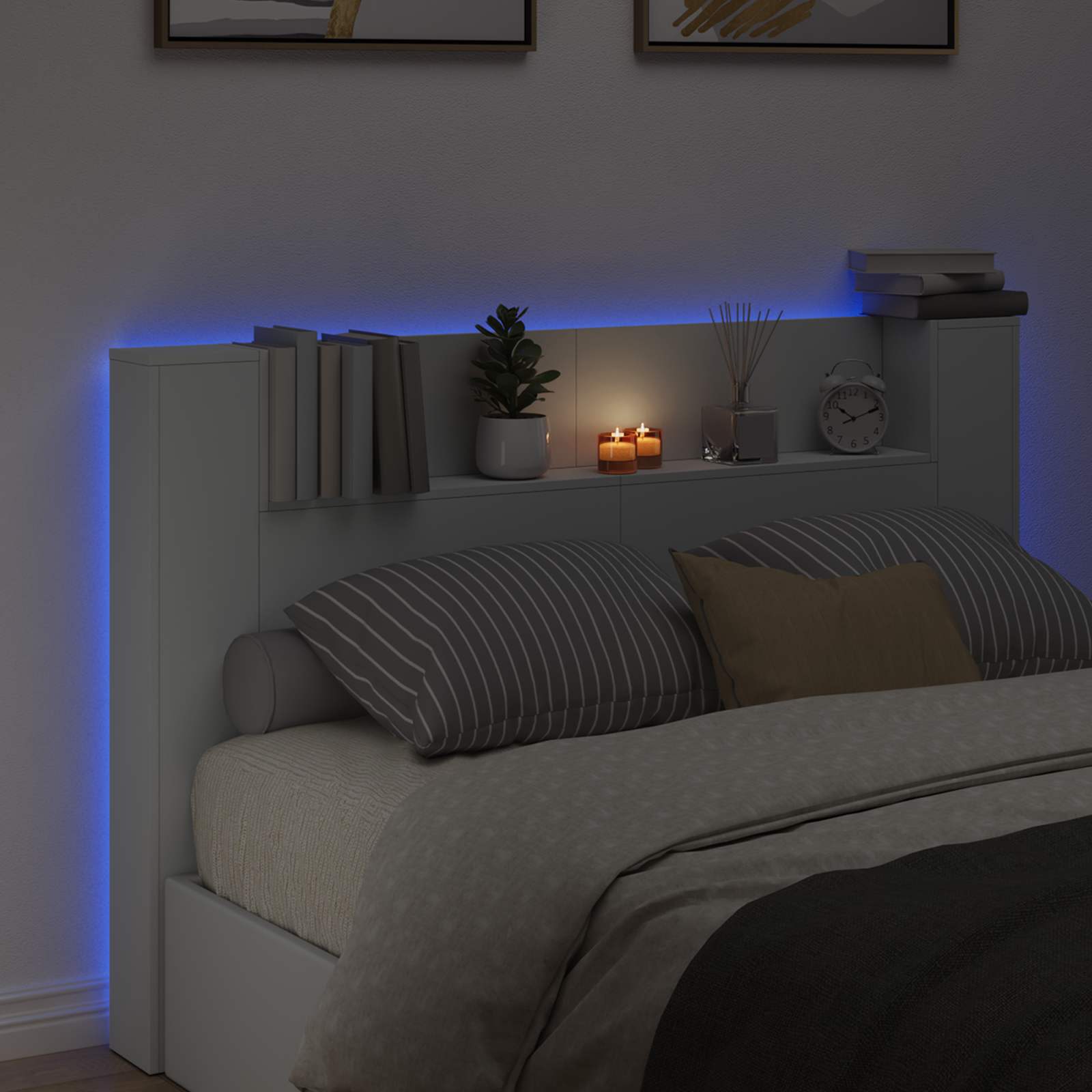 vidaXL Szafka z Wezgłowiem z LED z półką Biały 160 x 16,5 x 103,5 cm