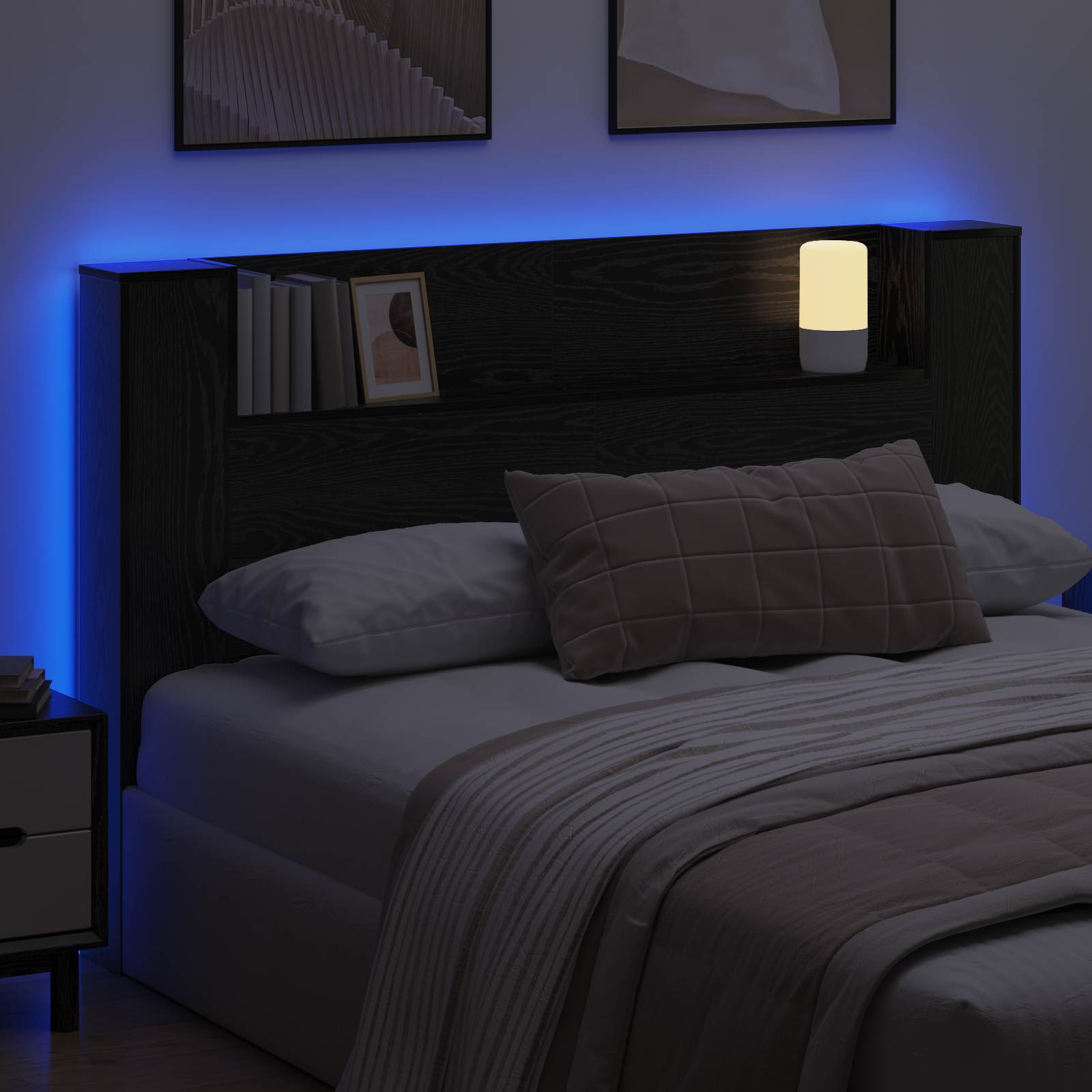 vidaXL Szafka z Wezgłowiem z LED Czarny Dąb 160 x 16,5 x 103,5 cm