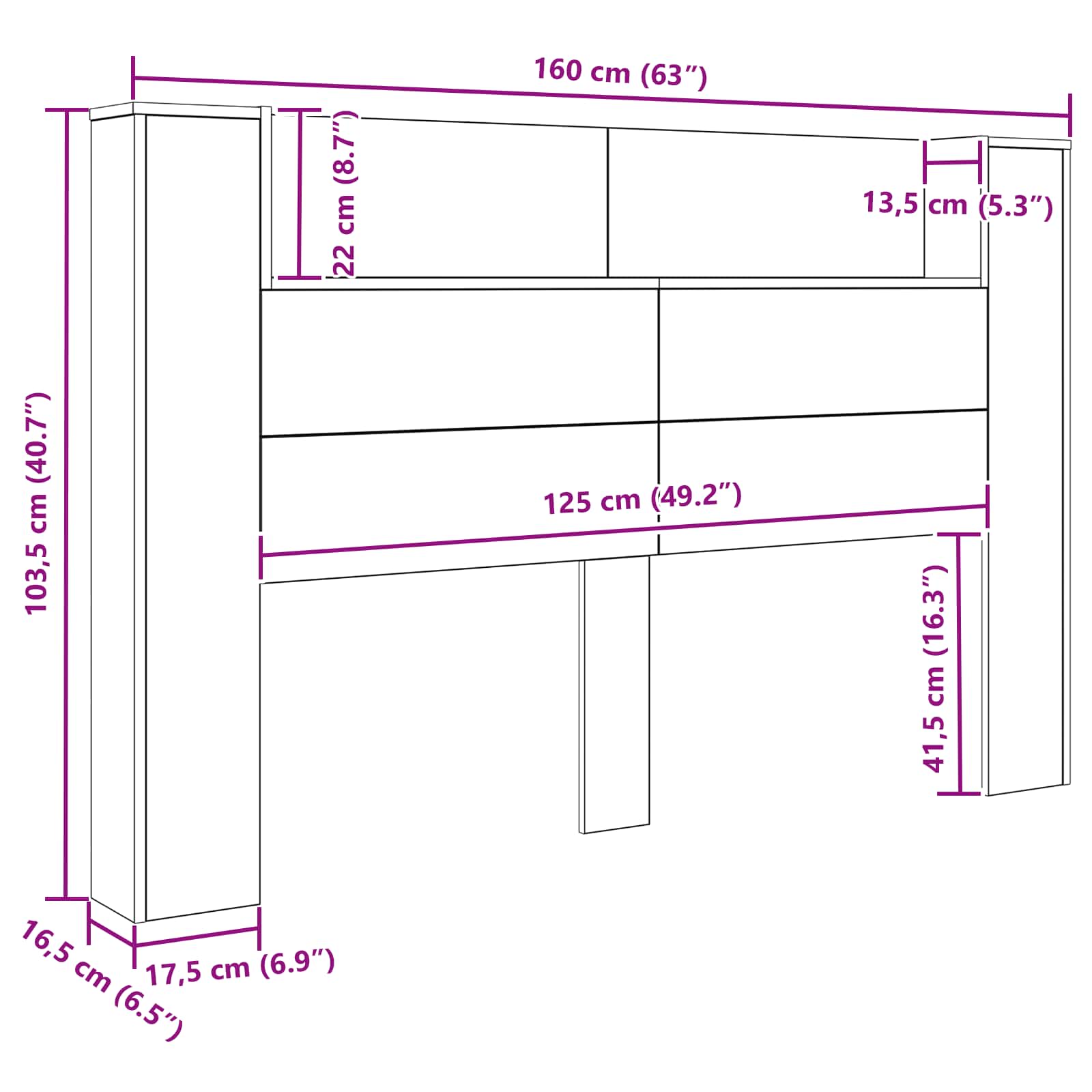 vidaXL Szafka z Wezgłowiem z LED Czarny Dąb 160 x 16,5 x 103,5 cm
