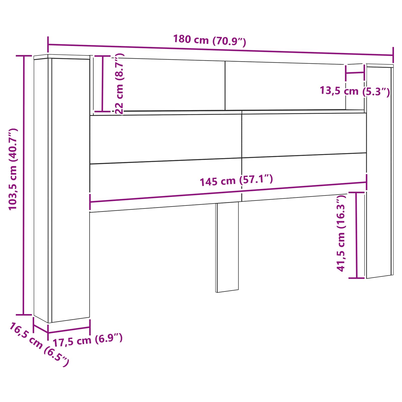 vidaXL Szafka z Wezgłowiem z LED Czarny Dąb 180 x 16,5 x 103,5 cm