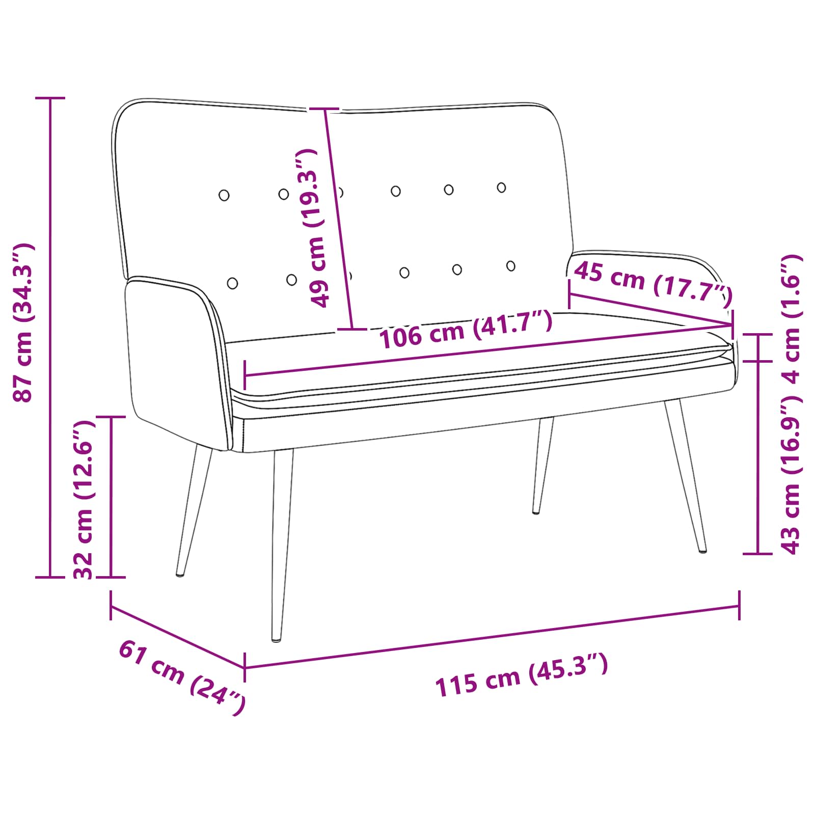 vidaXL Sofa dwuosobowa różowy 115 x 61 x 87 cm tkanina