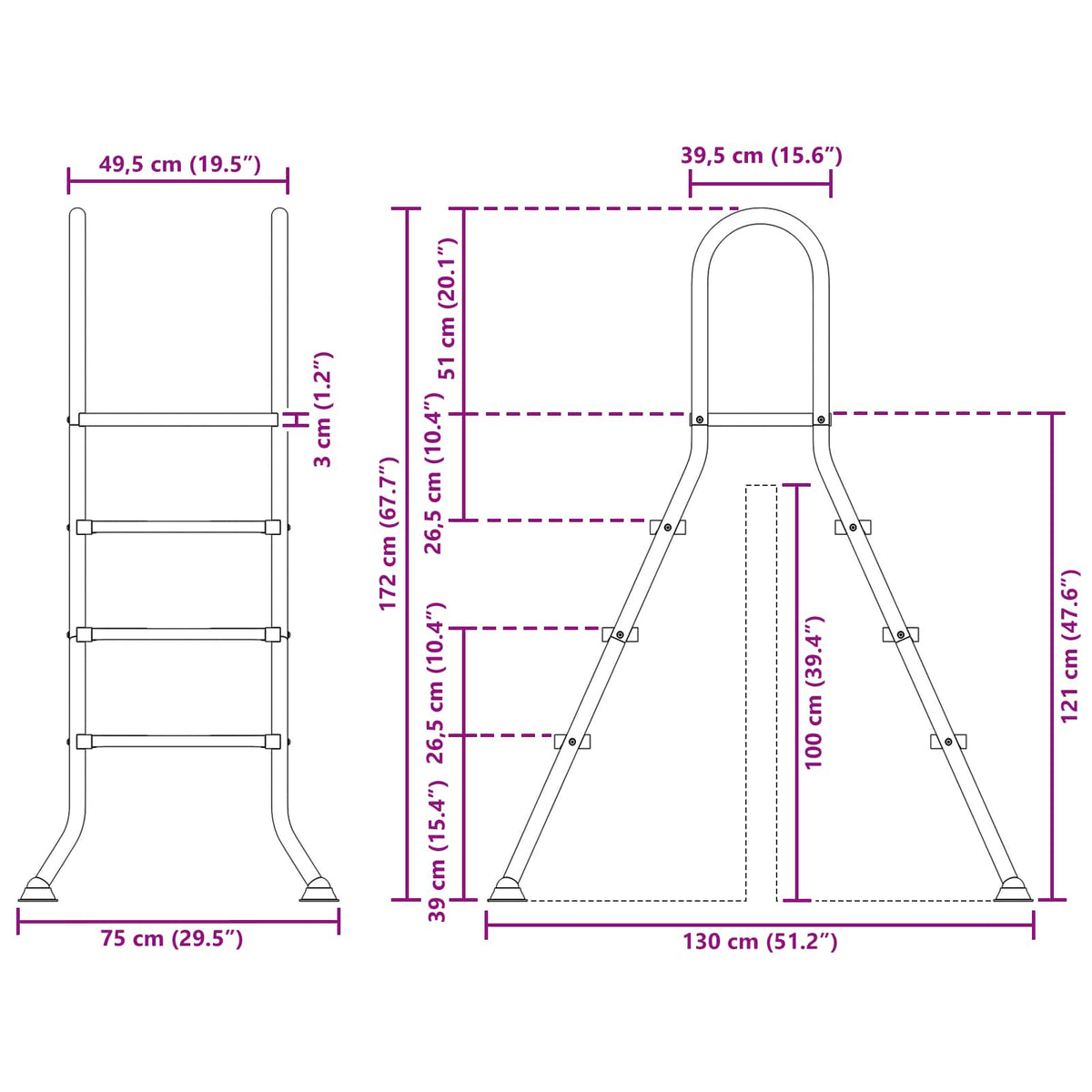 vidaXL Drabina do basenu nadziemnego 100 cm 3-Step Stal nierdzewna 304