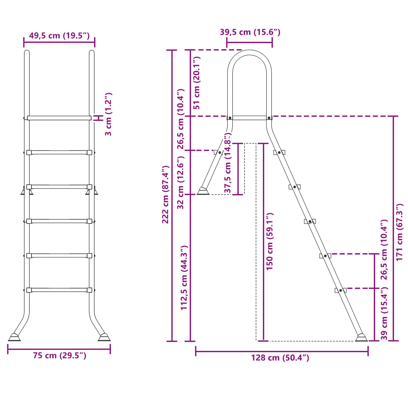 vidaXL Drabinka do basenu częściowo wkopanego 222 x 128 cm 5-stopniowy