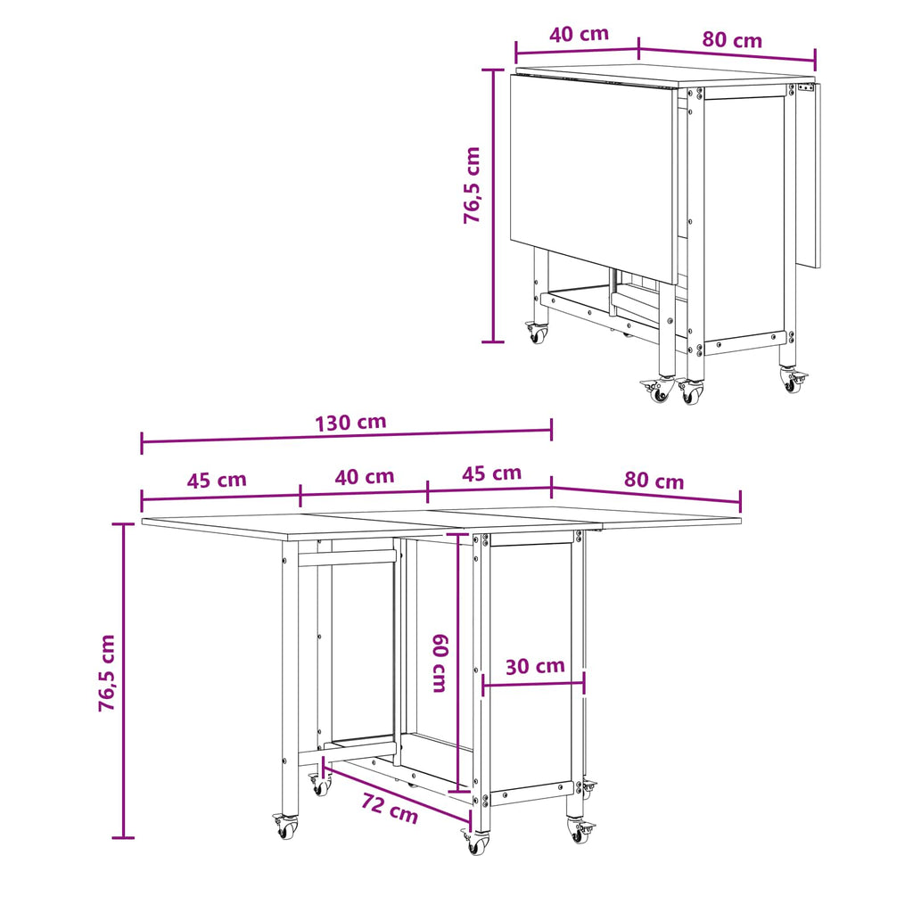 vidaXL Składany stół jadalny z kółkami 130 x 80 x 76,5 cm stal PB