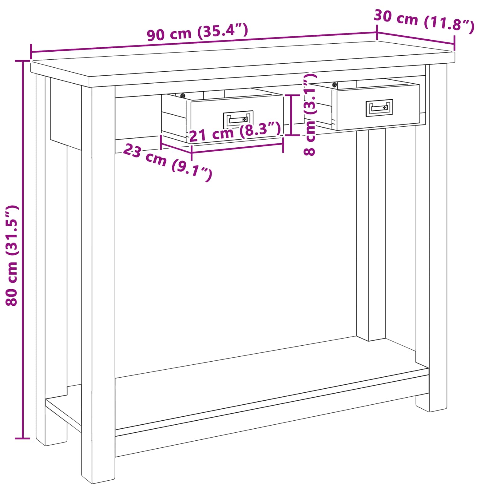vidaXL Konsola naturalny 90 x 30 x 80 cm Lite drewno teakowe