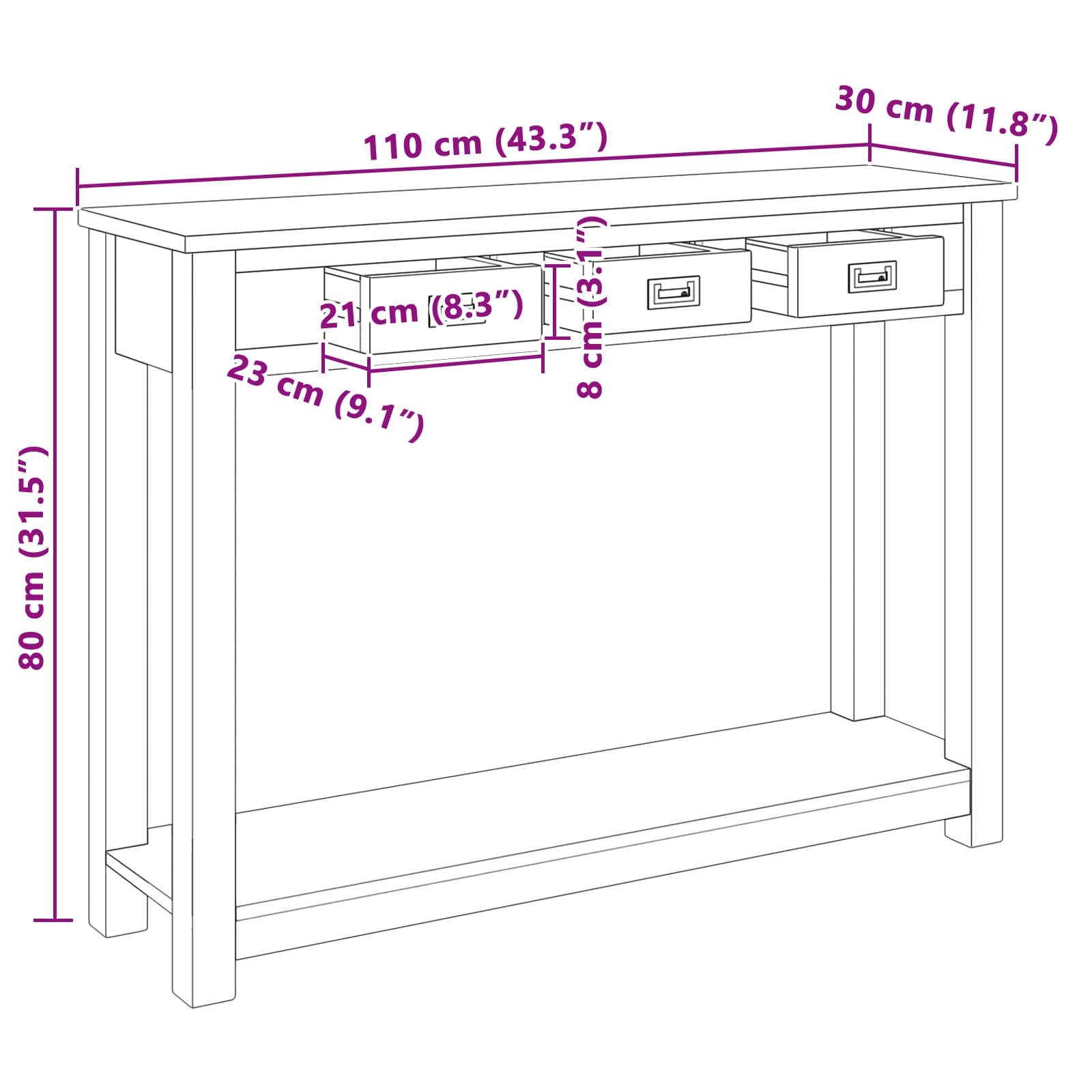 vidaXL Konsola naturalny 110 x 30 x 80 cm Lite drewno teakowe