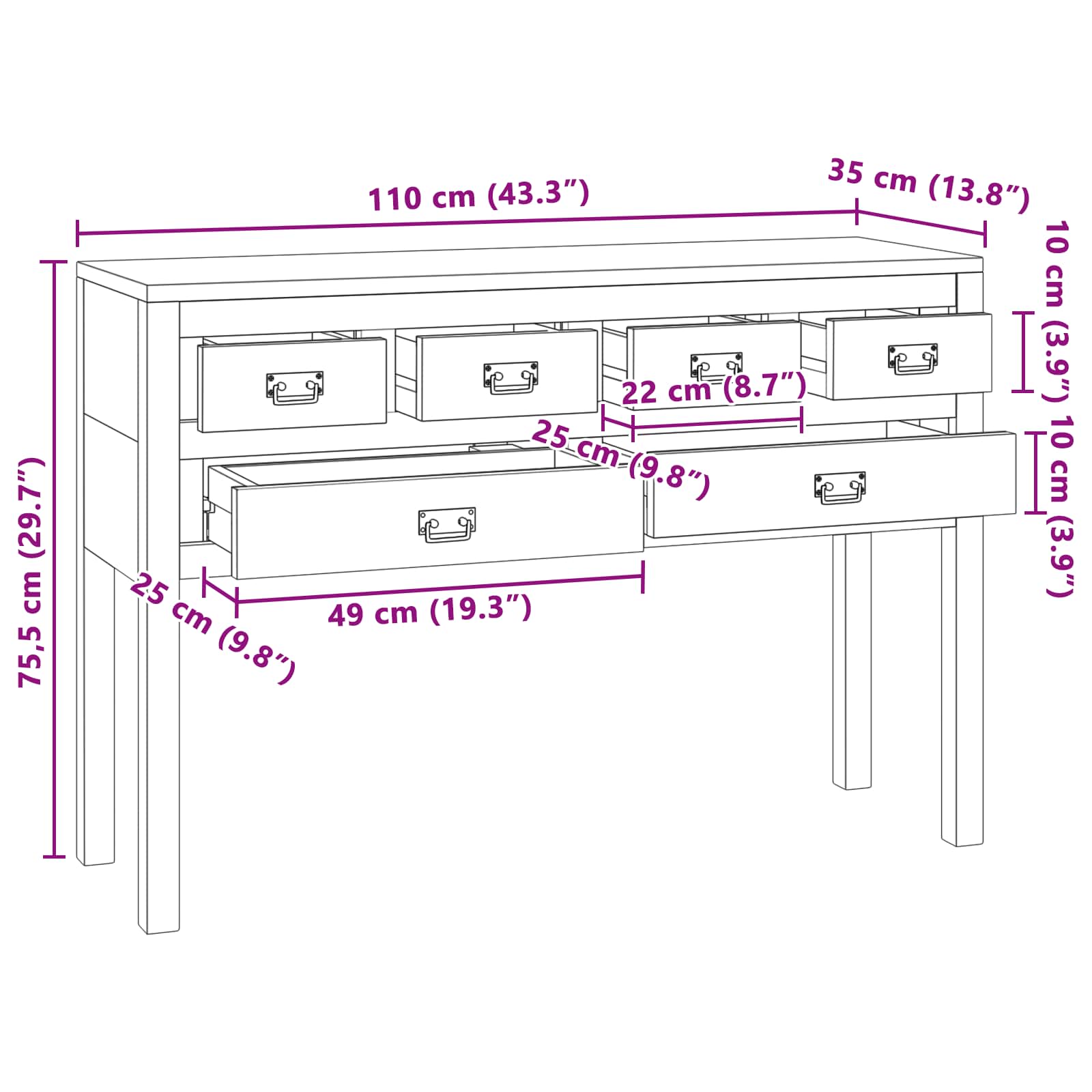 vidaXL Bufet naturalny 110 x 35 x 75,5 cm Lite drewno teakowe
