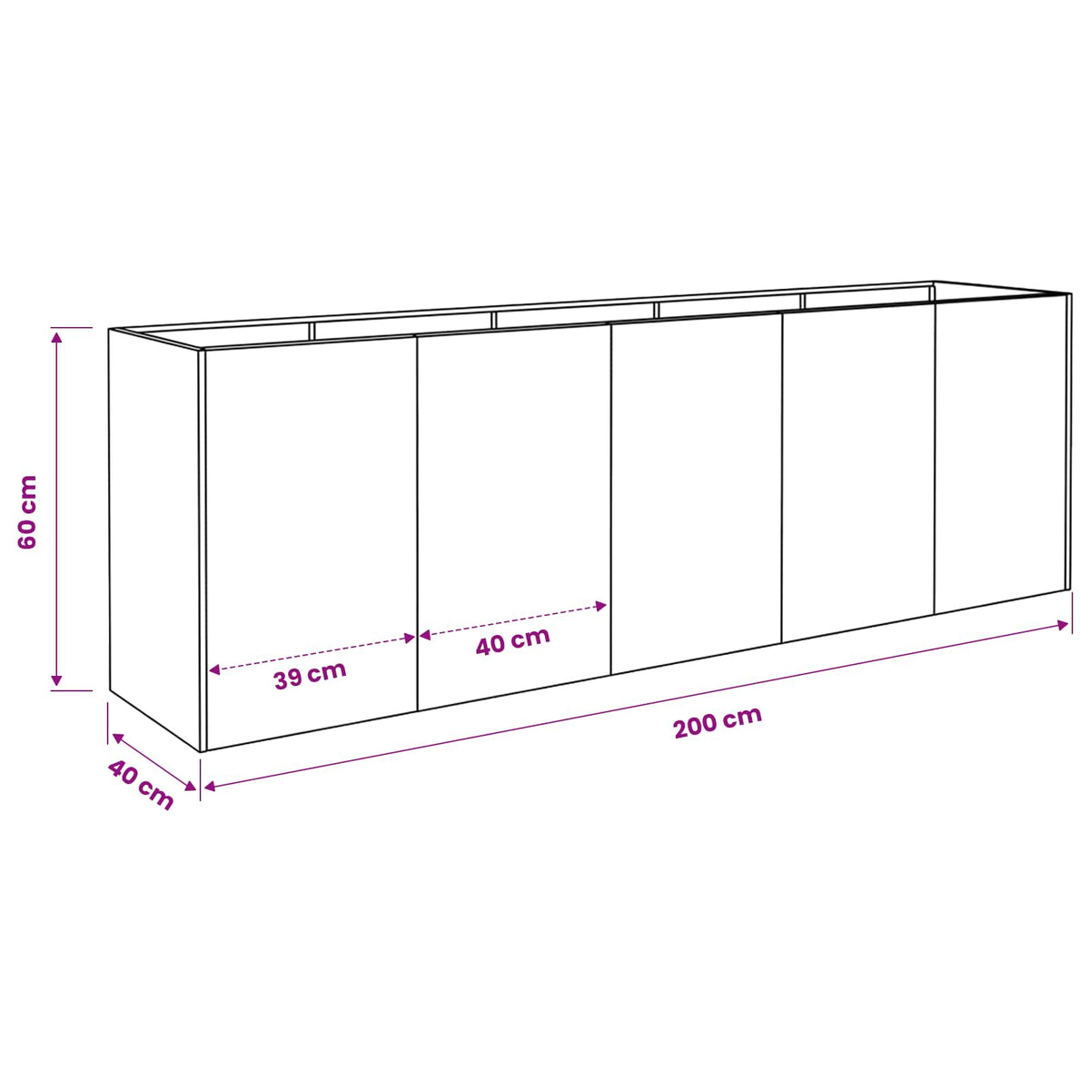 vidaXL Doniczka ogrodowa srebrny 200 x 40 x 60 cm Stal ocynkowana