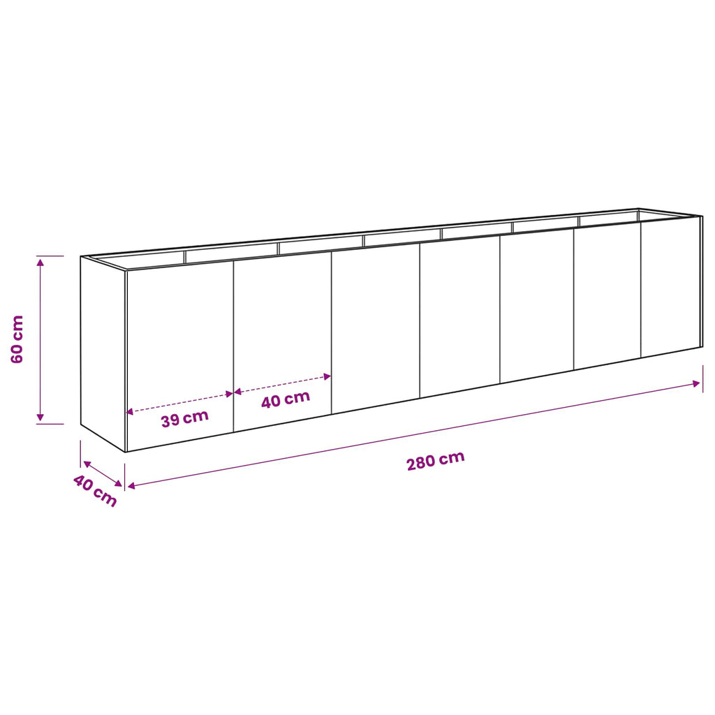 vidaXL Doniczka ogrodowa srebrny 280 x 40 x 60 cm Stal ocynkowana