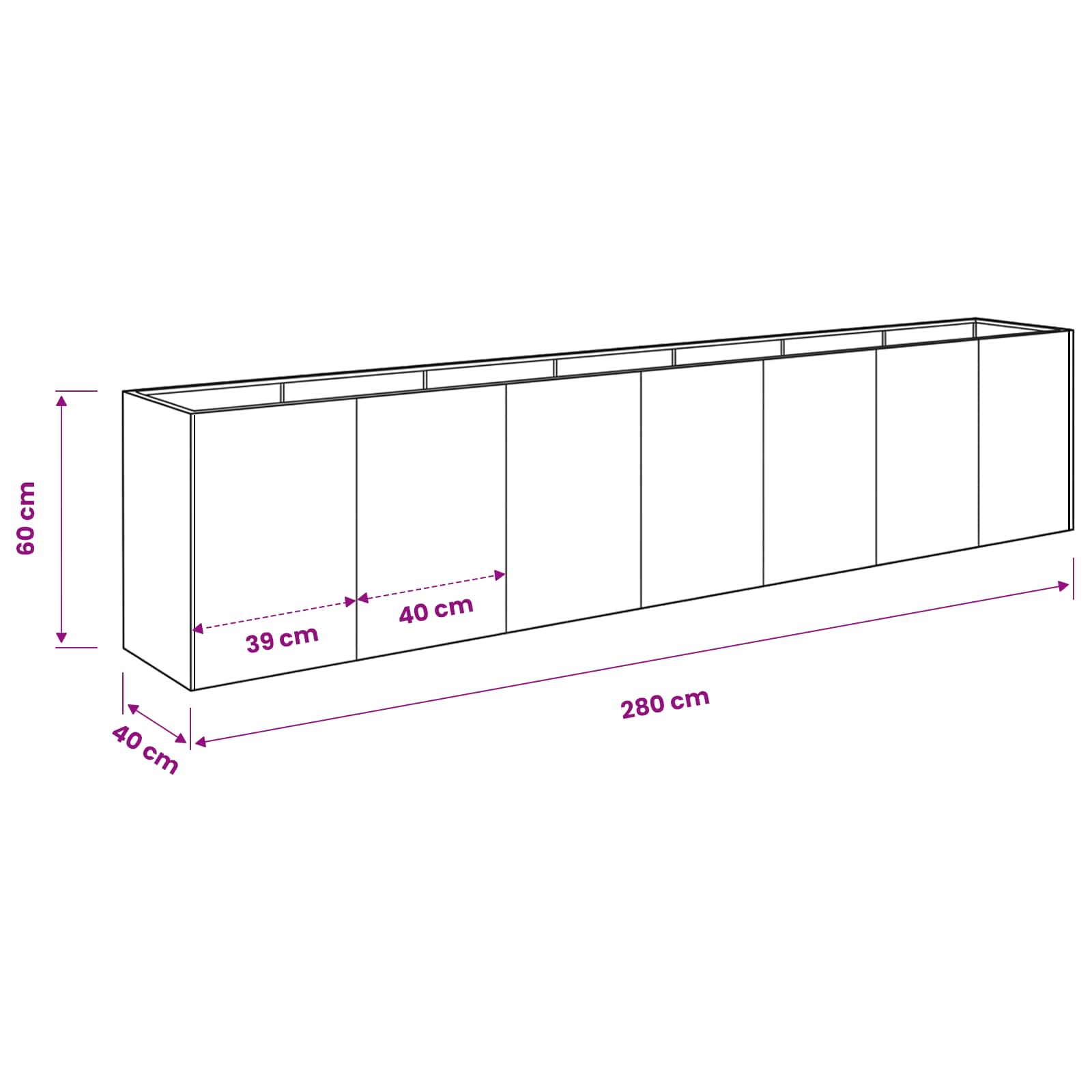vidaXL Doniczka ogrodowa srebrny 280 x 40 x 60 cm Stal ocynkowana