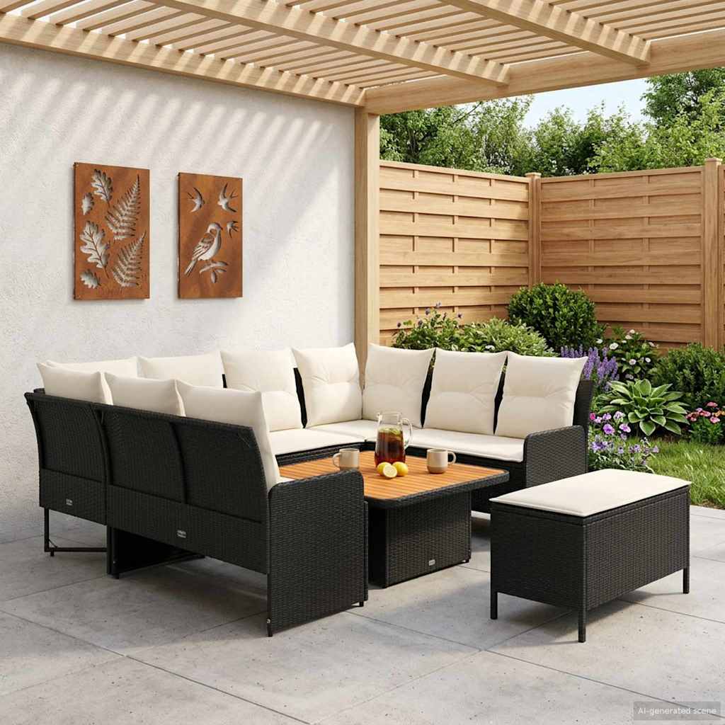vidaXL Zestawy mebli z poduszką 7 pcs Czarny i kremowy Rattan PE