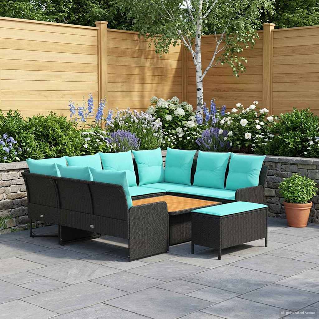 vidaXL Zestawy mebli z poduszką 7 pcs Czarny i Turkusowy Rattan PE