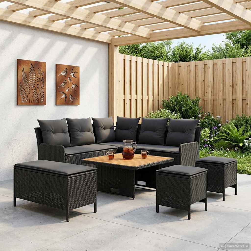 vidaXL Zestawy mebli z poduszką 7 pcs Czarny Rattan PE