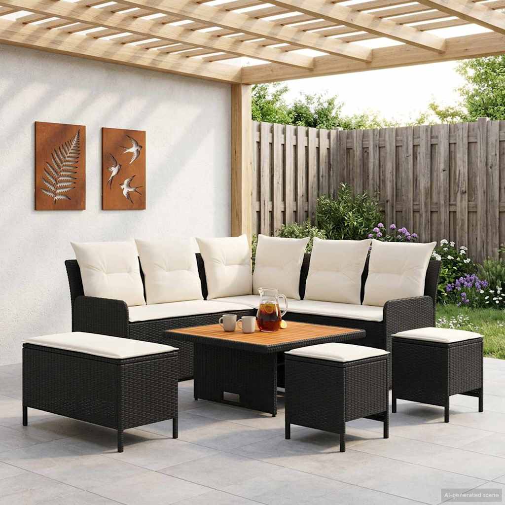 vidaXL Zestawy mebli z poduszką 7 pcs Czarny i kremowy Rattan PE