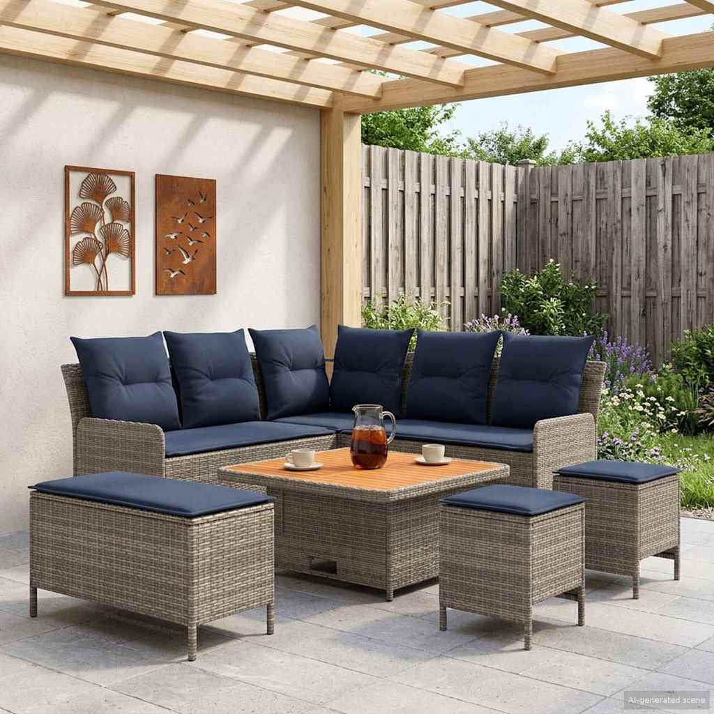 vidaXL Zestawy mebli z poduszką 7 pcs Szary i granatowy Rattan PE