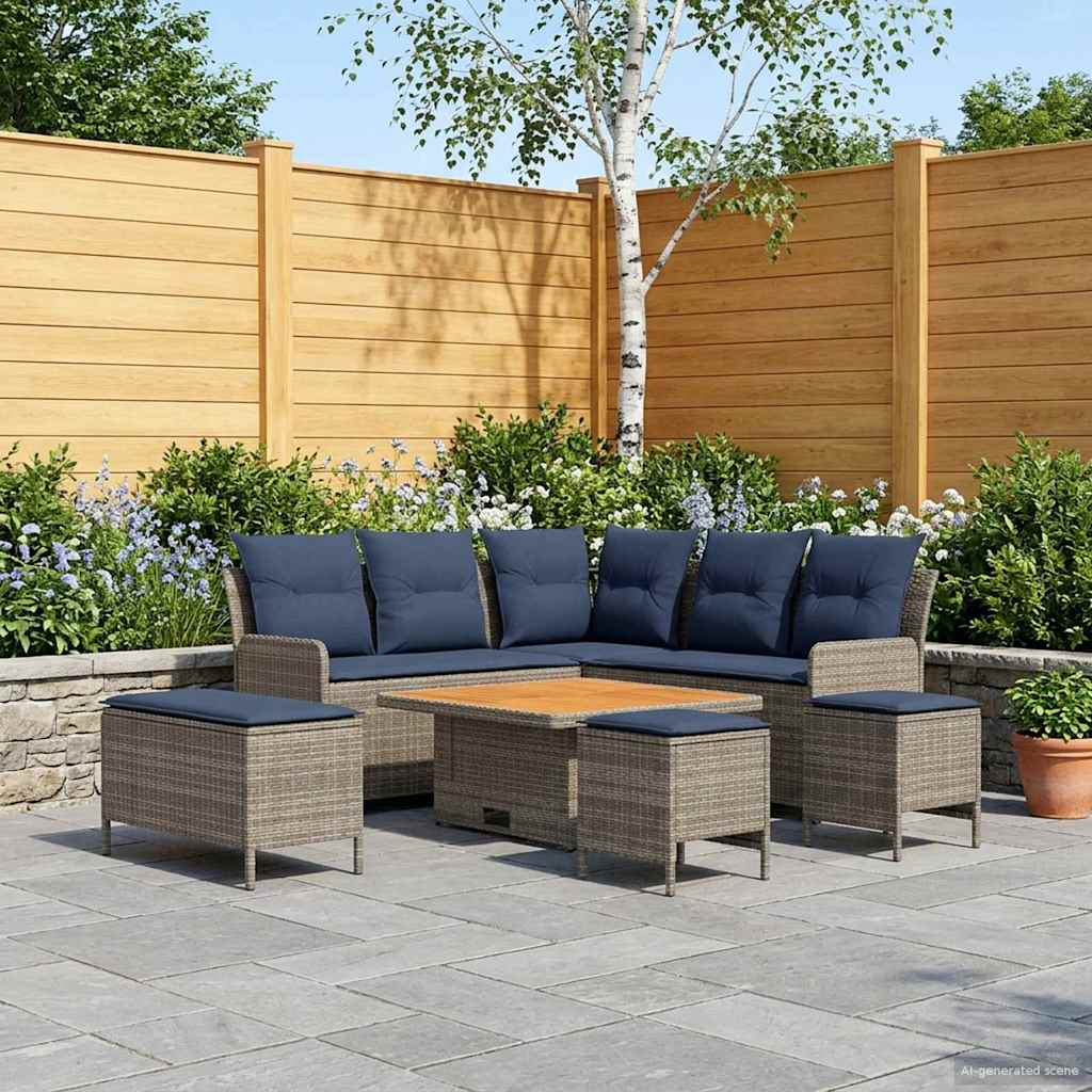 vidaXL Zestawy mebli z poduszką 7 pcs Szary i granatowy Rattan PE