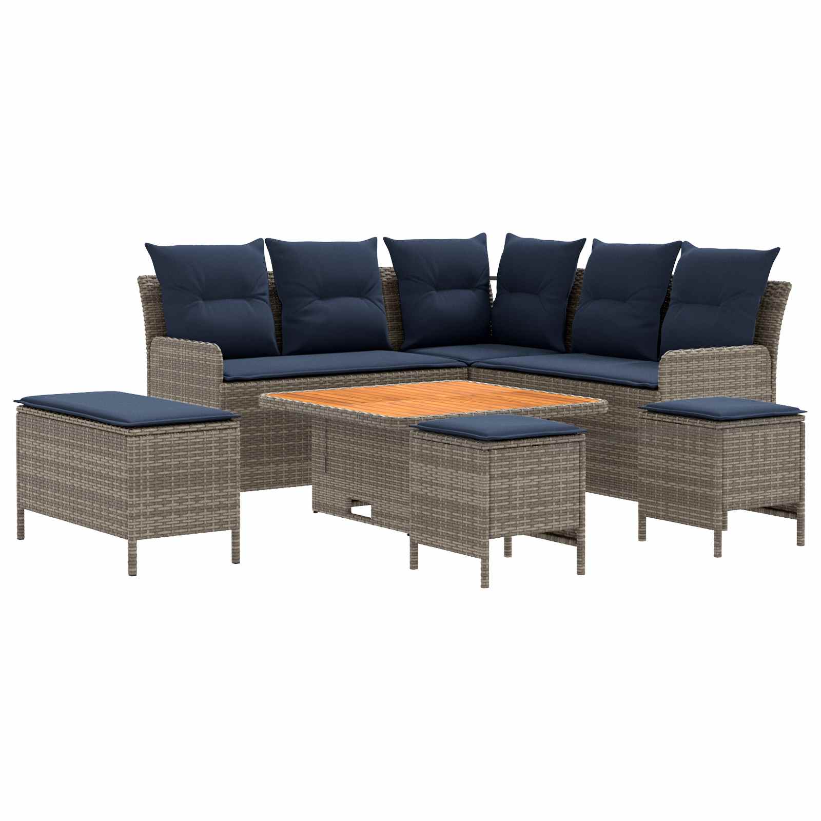 vidaXL Zestawy mebli z poduszką 7 pcs Szary i granatowy Rattan PE