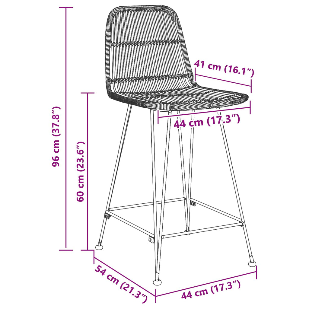 vidaXL Stołek barowy 2 pcs Czarny 44 x 54 x 96 cm Rattan i Stal