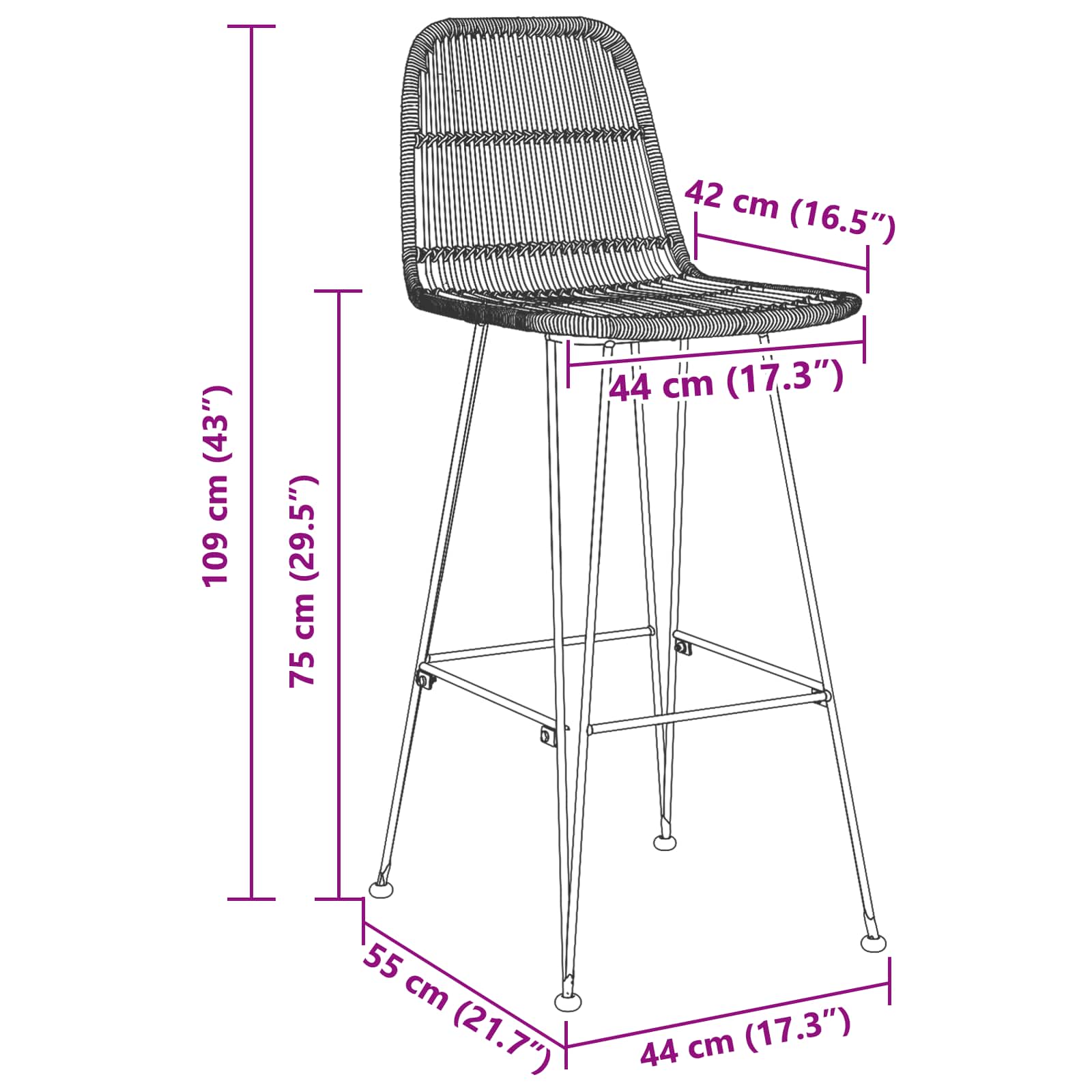 vidaXL Stołek barowy 2 pcs naturalny 44 x 55 x 109 cm Rattan i Stal