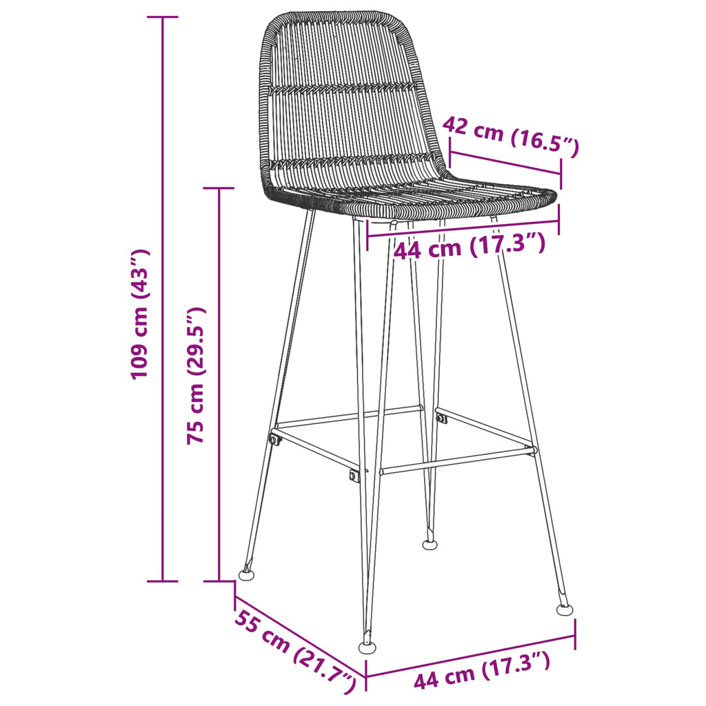 vidaXL Stołek barowy 2 pcs Czarny 44 x 55 x 109 cm Rattan i Stal
