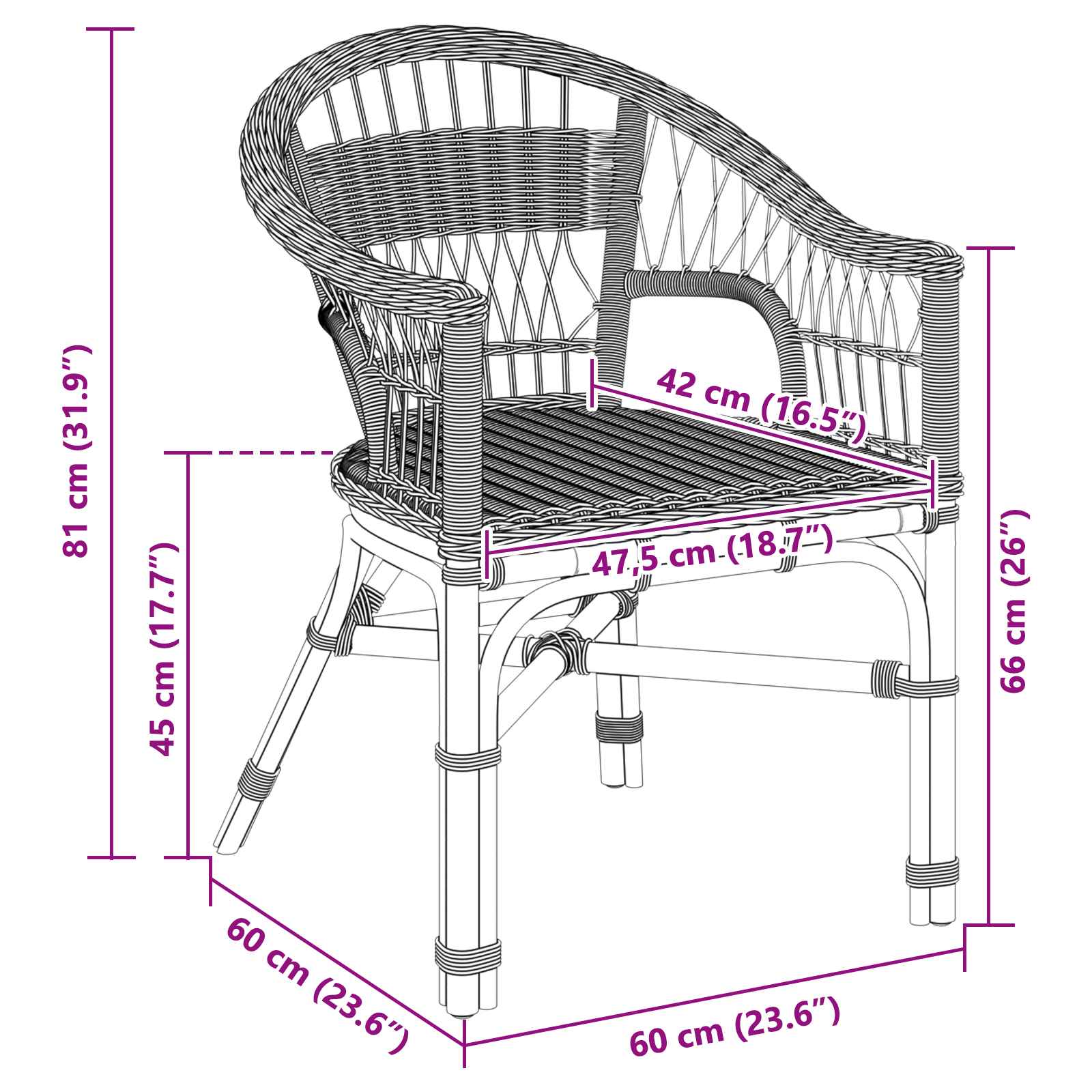vidaXL Krzesło składane Czarny 60 x 60 x 81 cm rattan