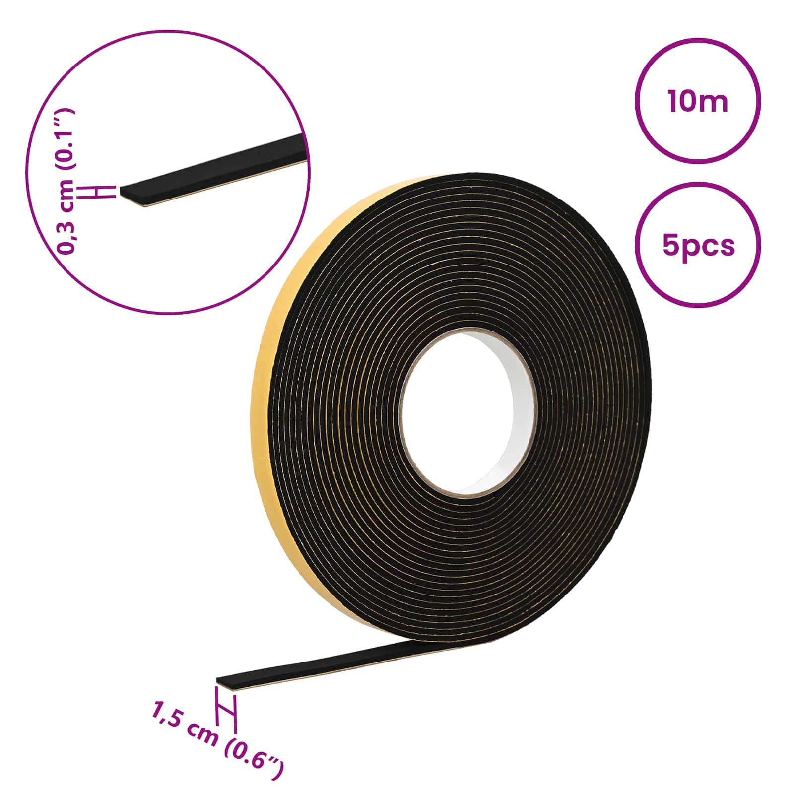 vidaXL Taśma samoprzylepna z pianki 5 pcs Czarny 15mm x 10m Pianka CR