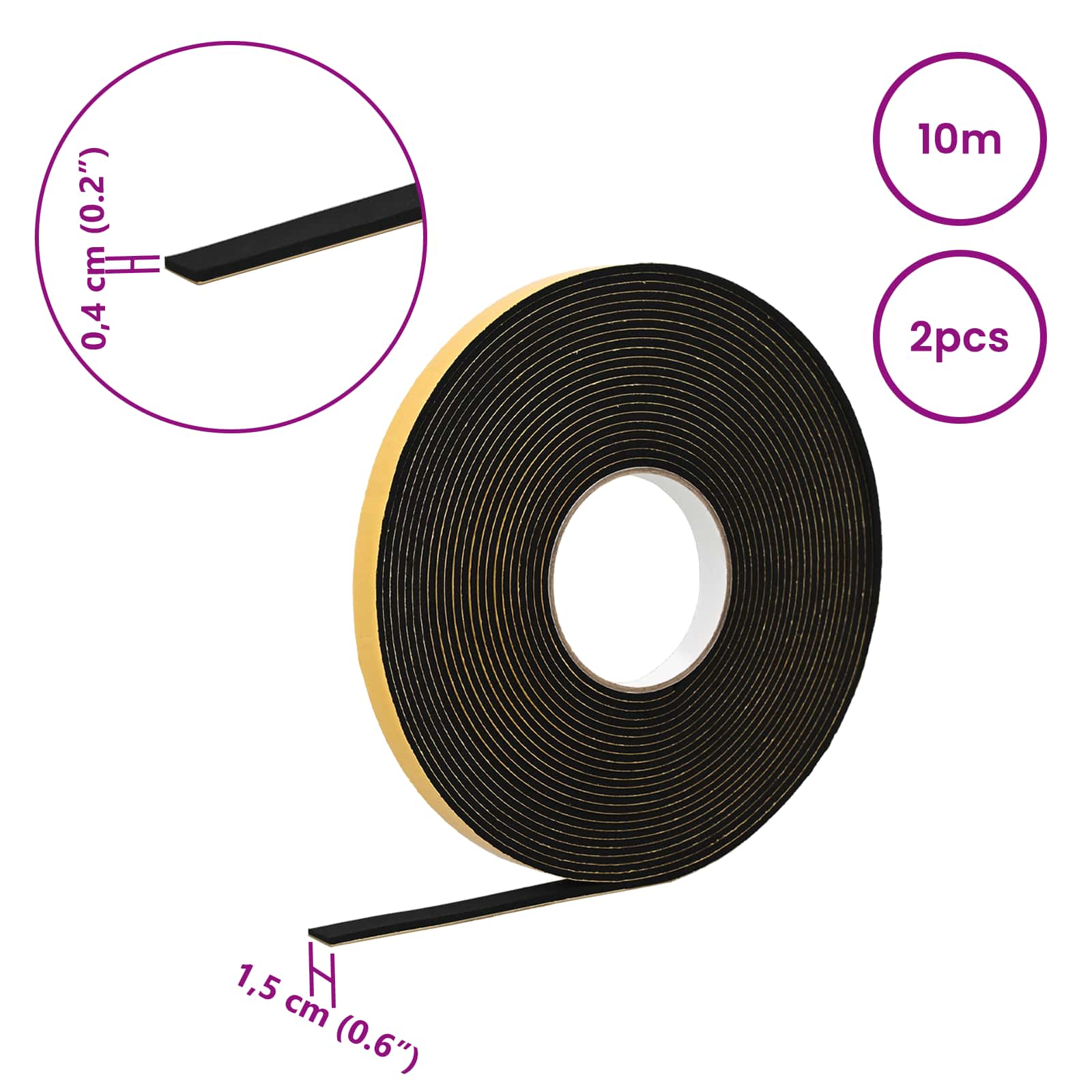 vidaXL Taśma samoprzylepna z pianki 2 pcs Czarny 15mm x 10m Pianka CR