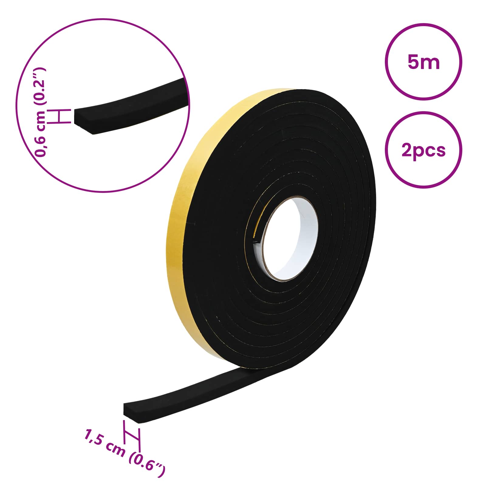 vidaXL Taśma samoprzylepna z pianki 2 pcs Czarny 15mm x 5m Pianka CR