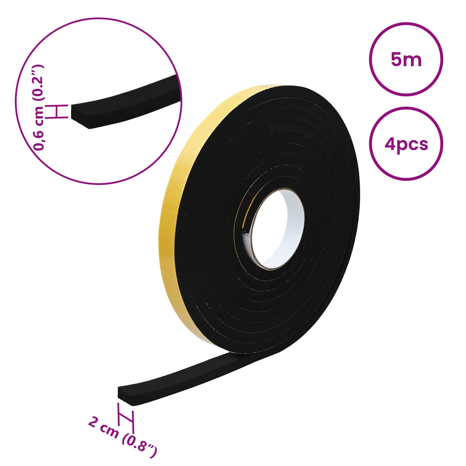 vidaXL Taśma samoprzylepna z pianki 4 pcs Czarny 20mm x 5m Pianka CR