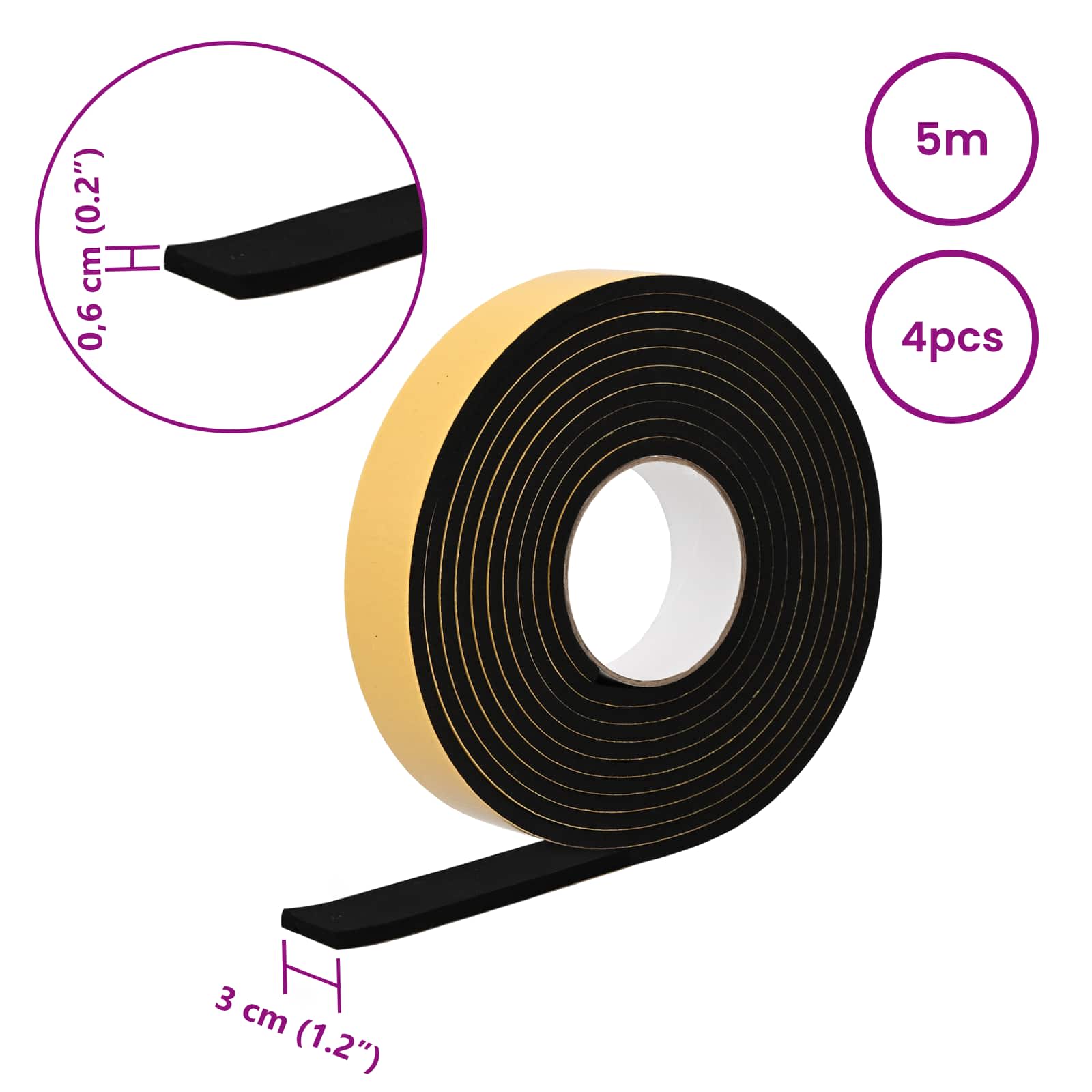 vidaXL Taśma samoprzylepna z pianki 4 pcs Czarny 30mm x 5m Pianka CR