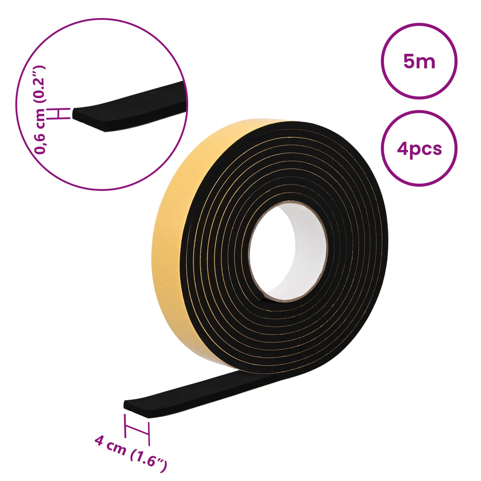 vidaXL Taśma samoprzylepna z pianki 4 pcs Czarny 40mm x 5m Pianka CR