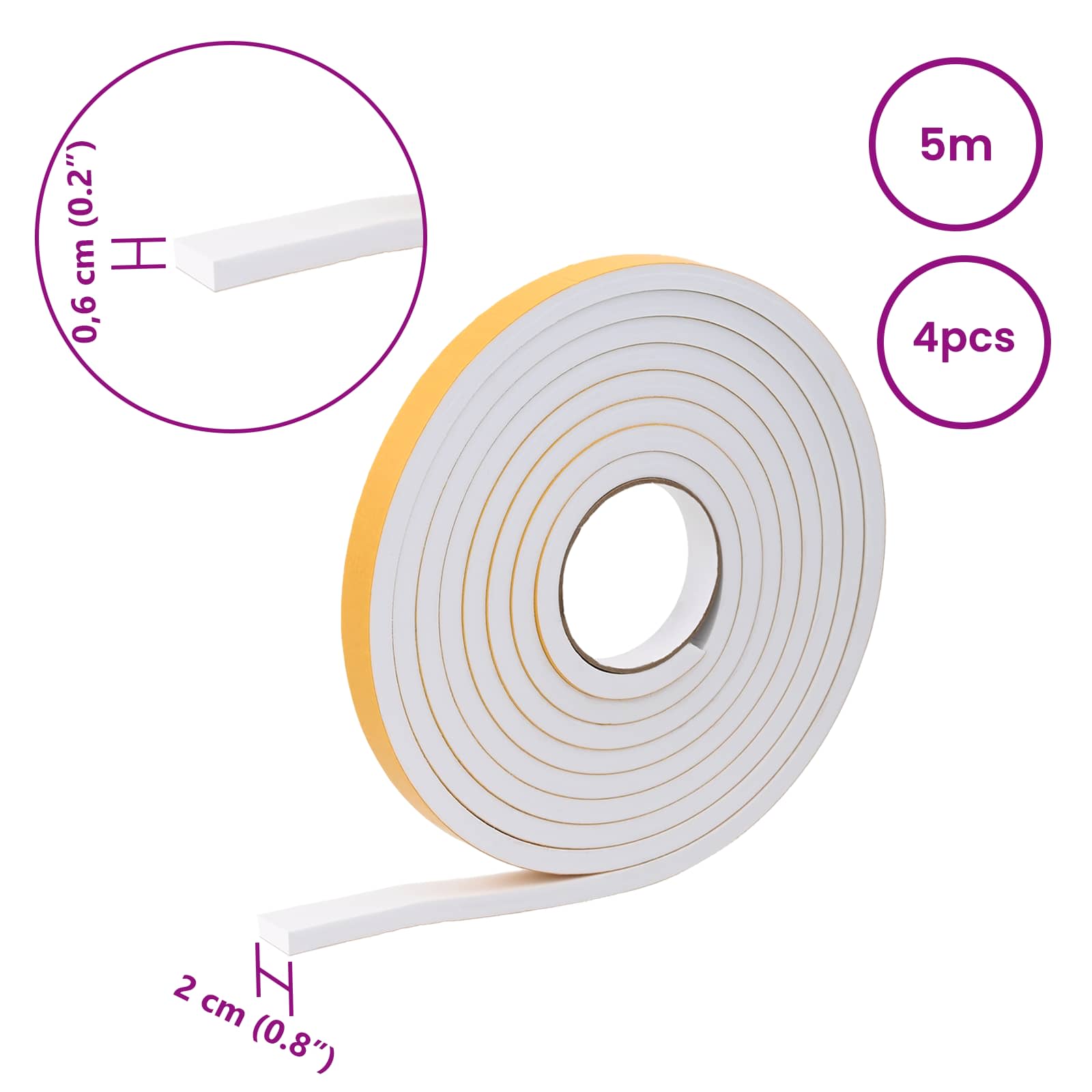 vidaXL Taśma samoprzylepna z pianki 4 pcs Biały 20mm x 5m Pianka CR