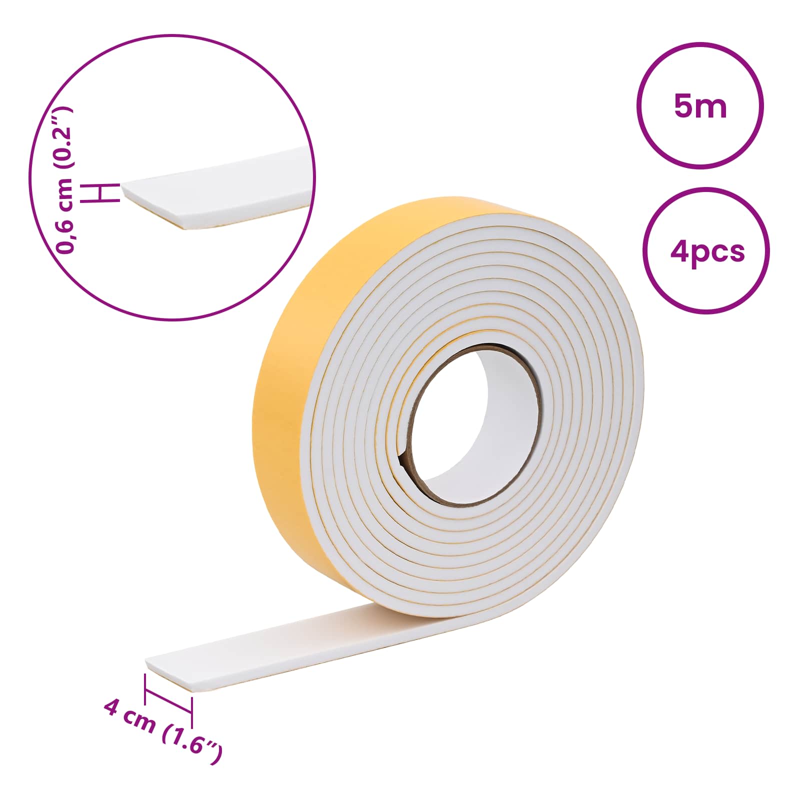 vidaXL Taśma samoprzylepna z pianki 4 pcs Biały 40mm x 5m Pianka CR