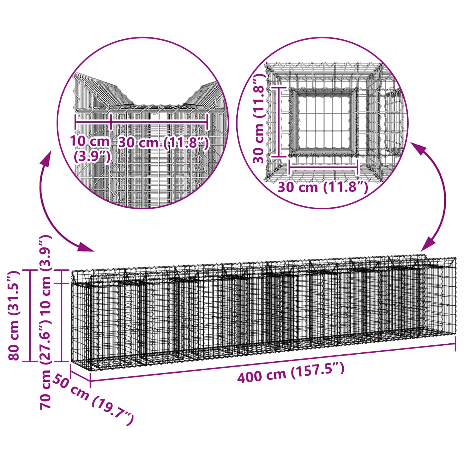 vidaXL Podniesione łóżko gabionowe 3 pcs srebrny