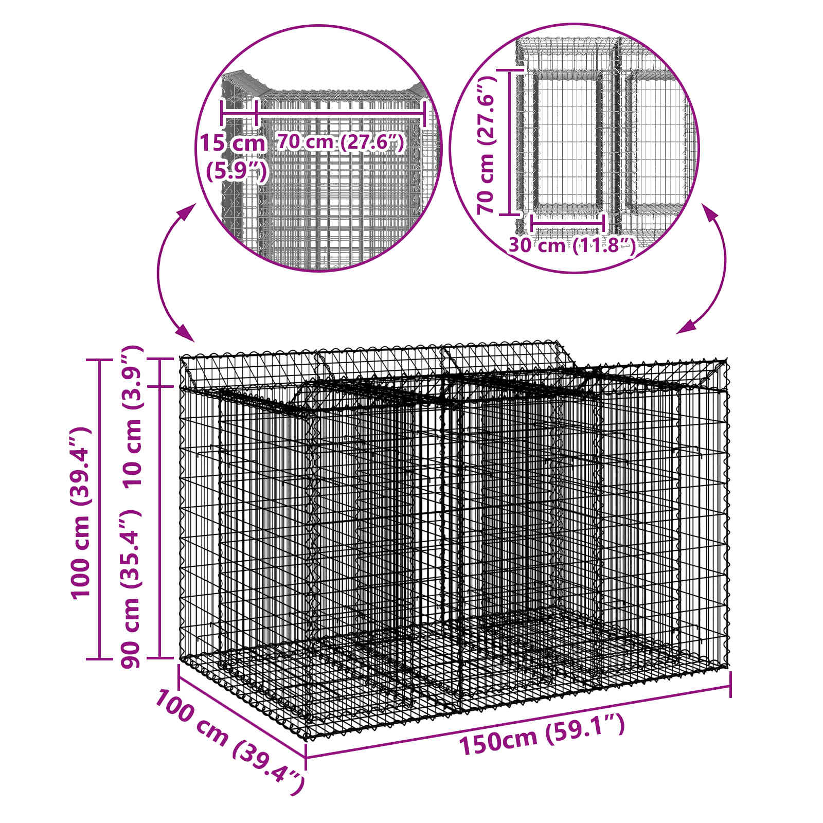 vidaXL Podniesione łóżko gabionowe 2 pcs srebrny